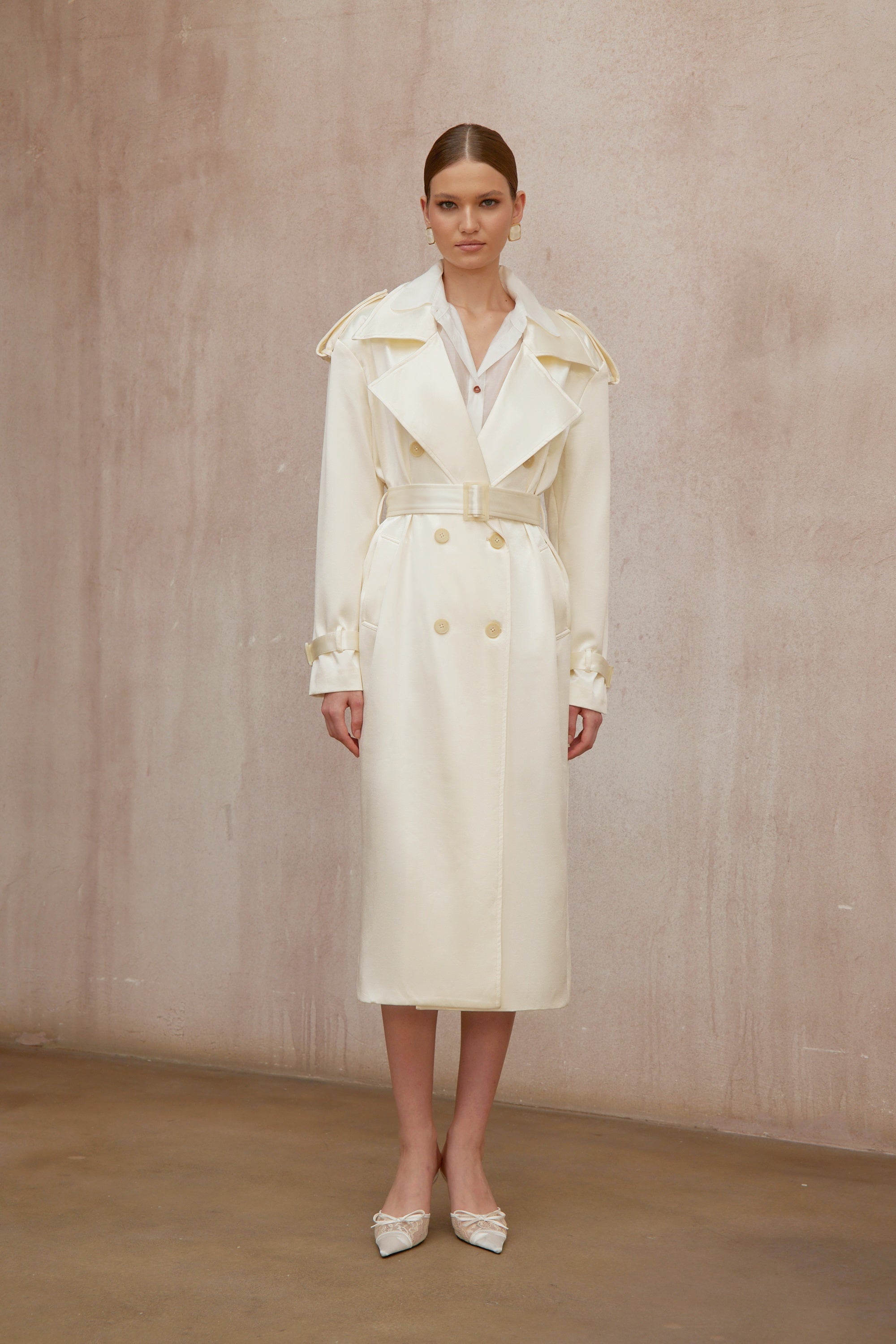 Amélie Cream White Satin Long Trench Coat