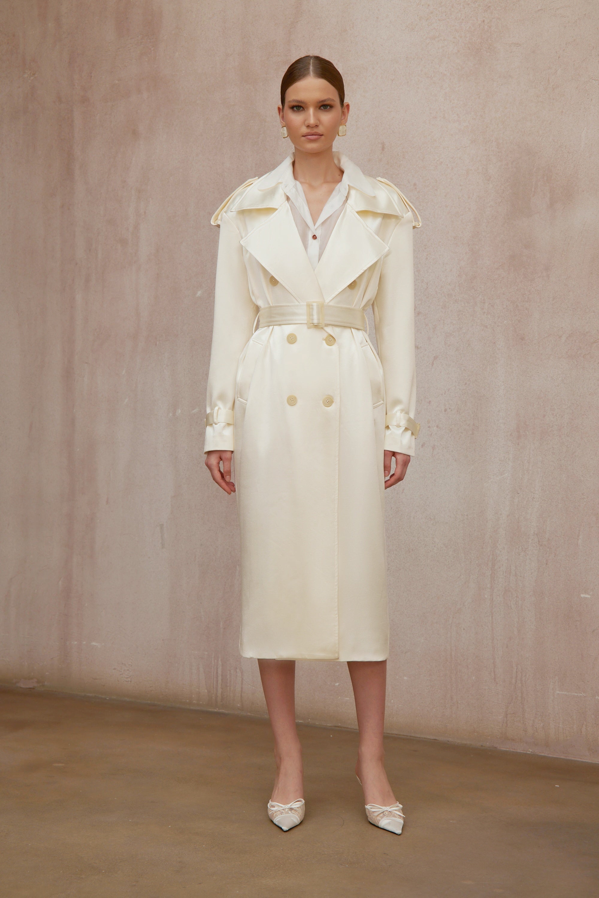 Amélie Cream White Satin Long Trench Coat