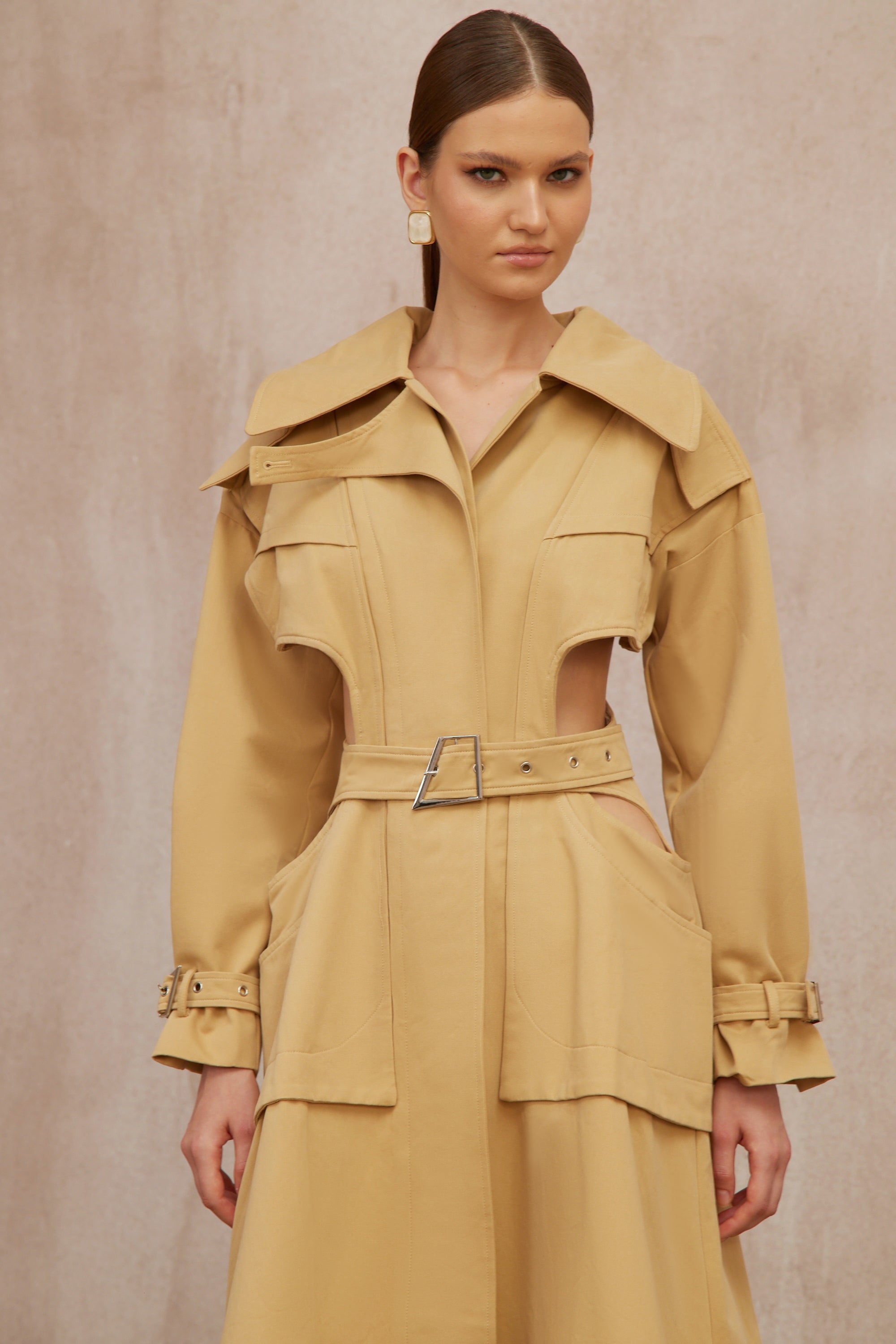 Pilar Neutral Cut Out Belted Long Trench Coat