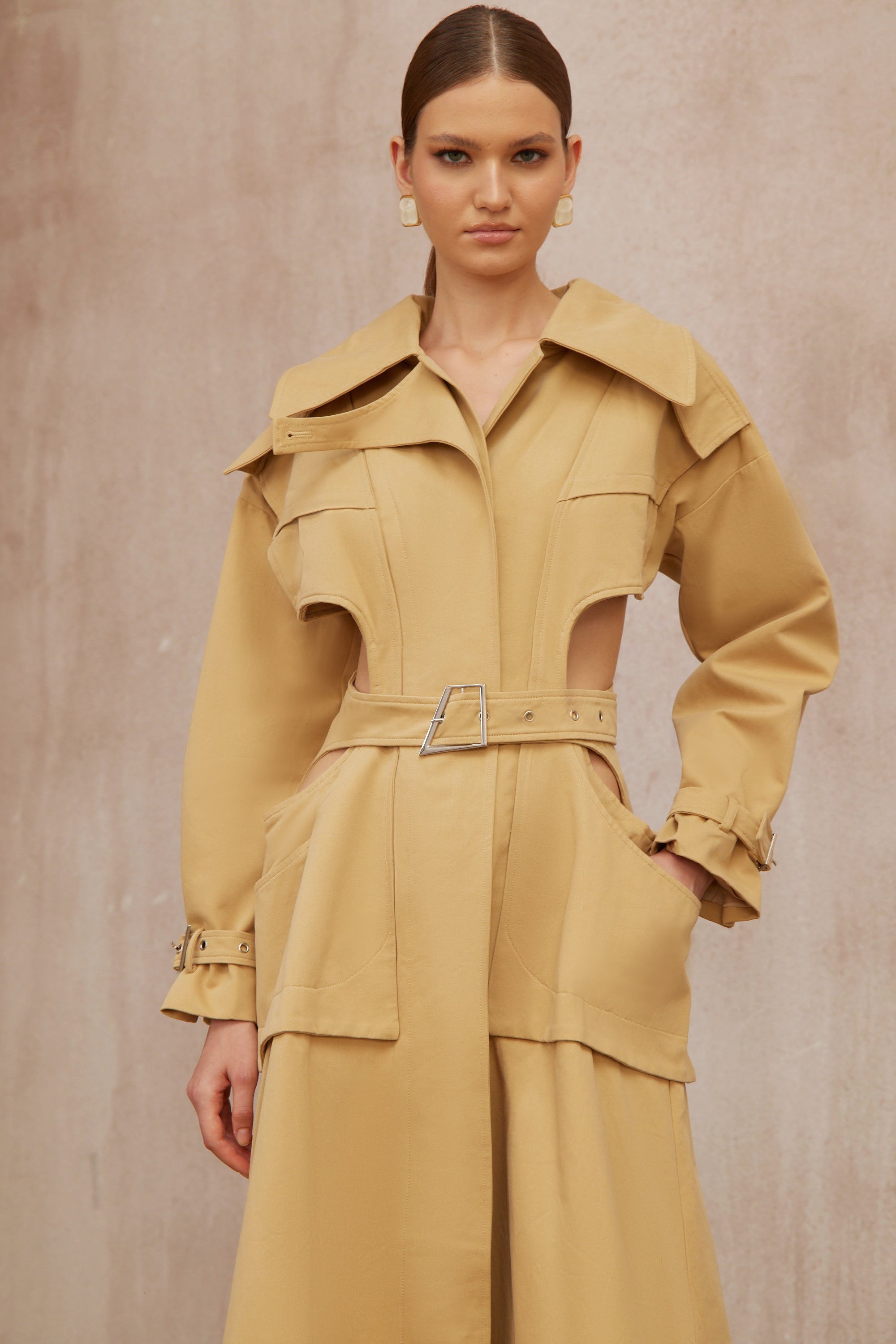 Pilar Neutral Cut Out Belted Long Trench Coat