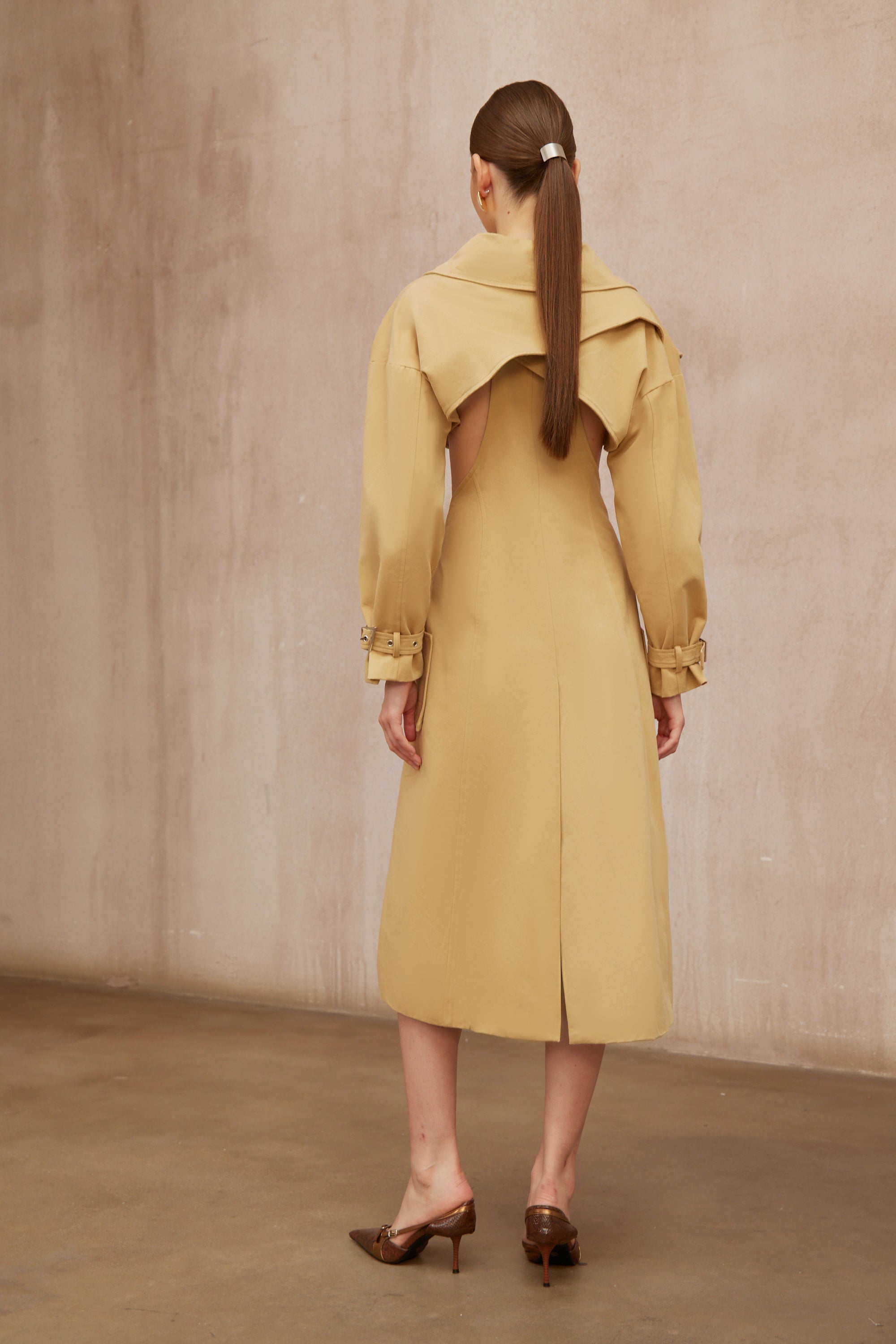 Pilar Neutral Cut Out Belted Long Trench Coat