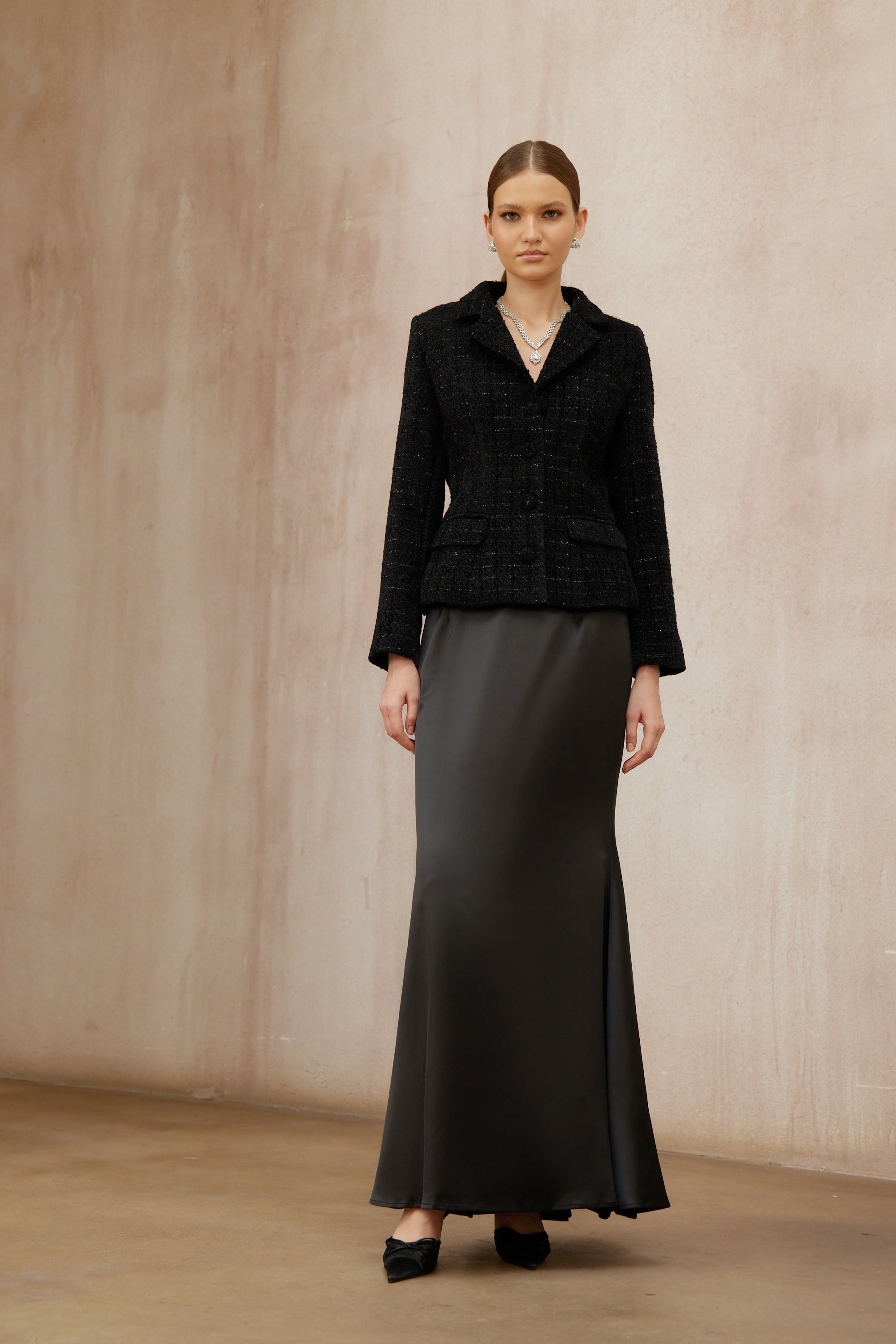 Ariadna Black Tweed Jacket & Satin Skirt Set
