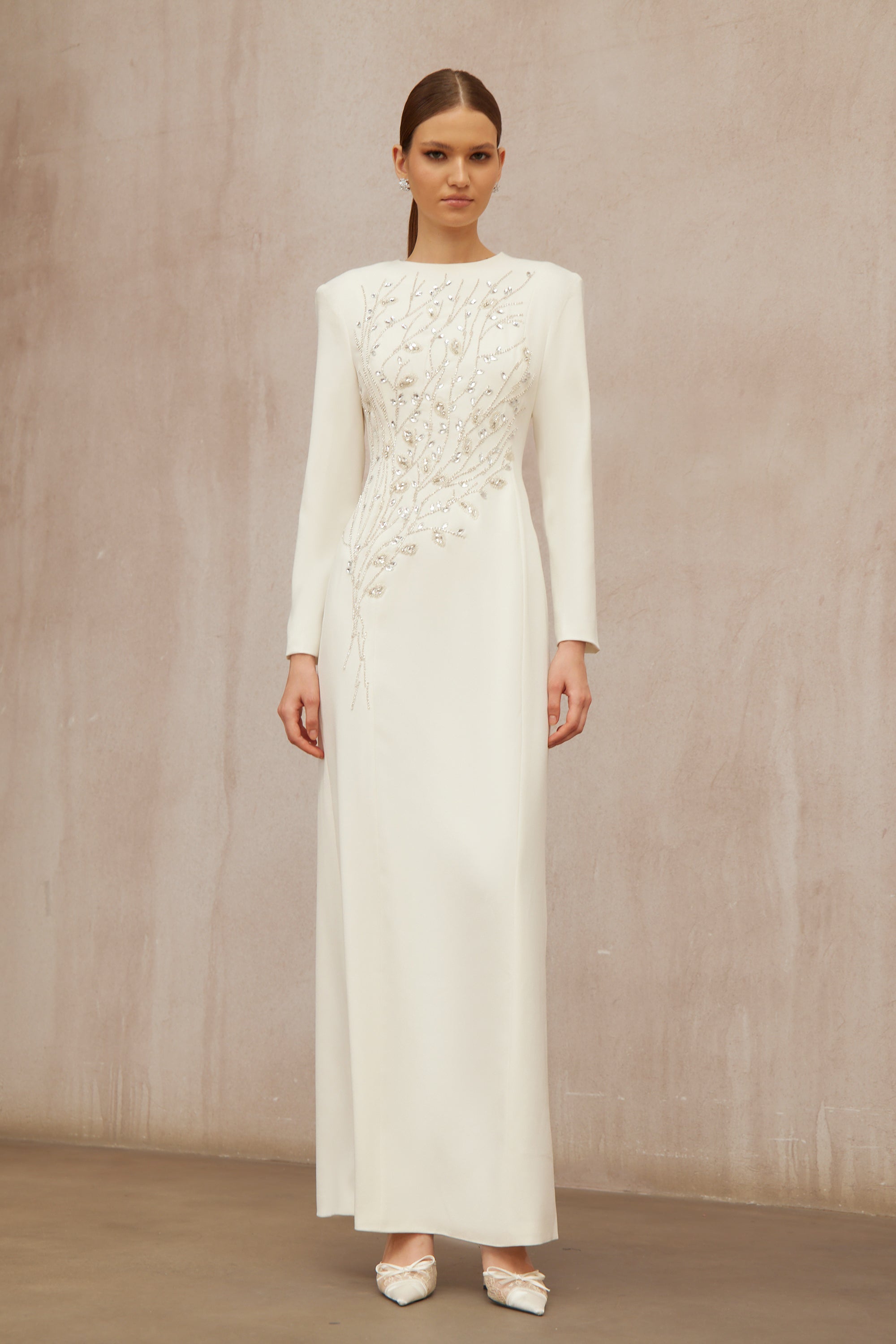 Calliopée White Leaf Appliqué Embellished Maxi Gown