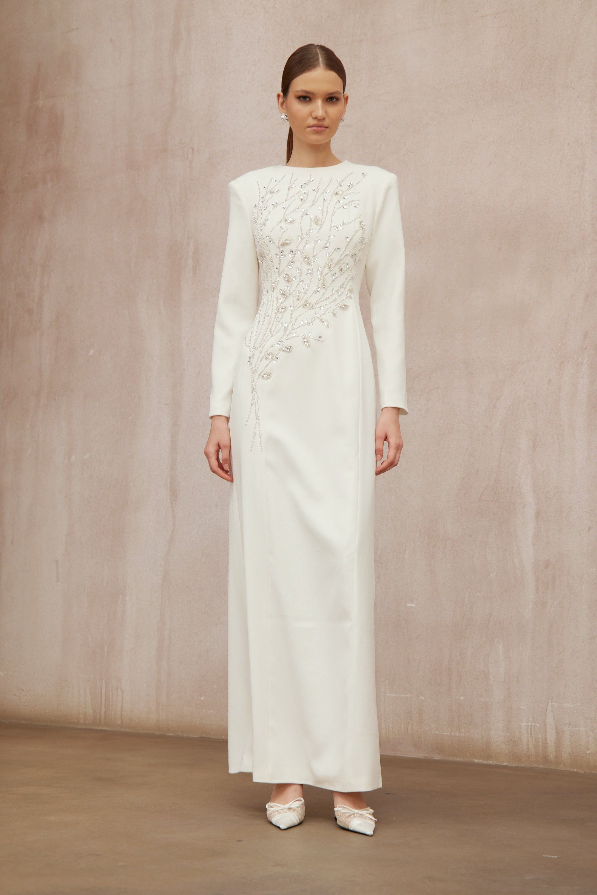 Calliopée White Leaf Appliqué Embellished Maxi Gown