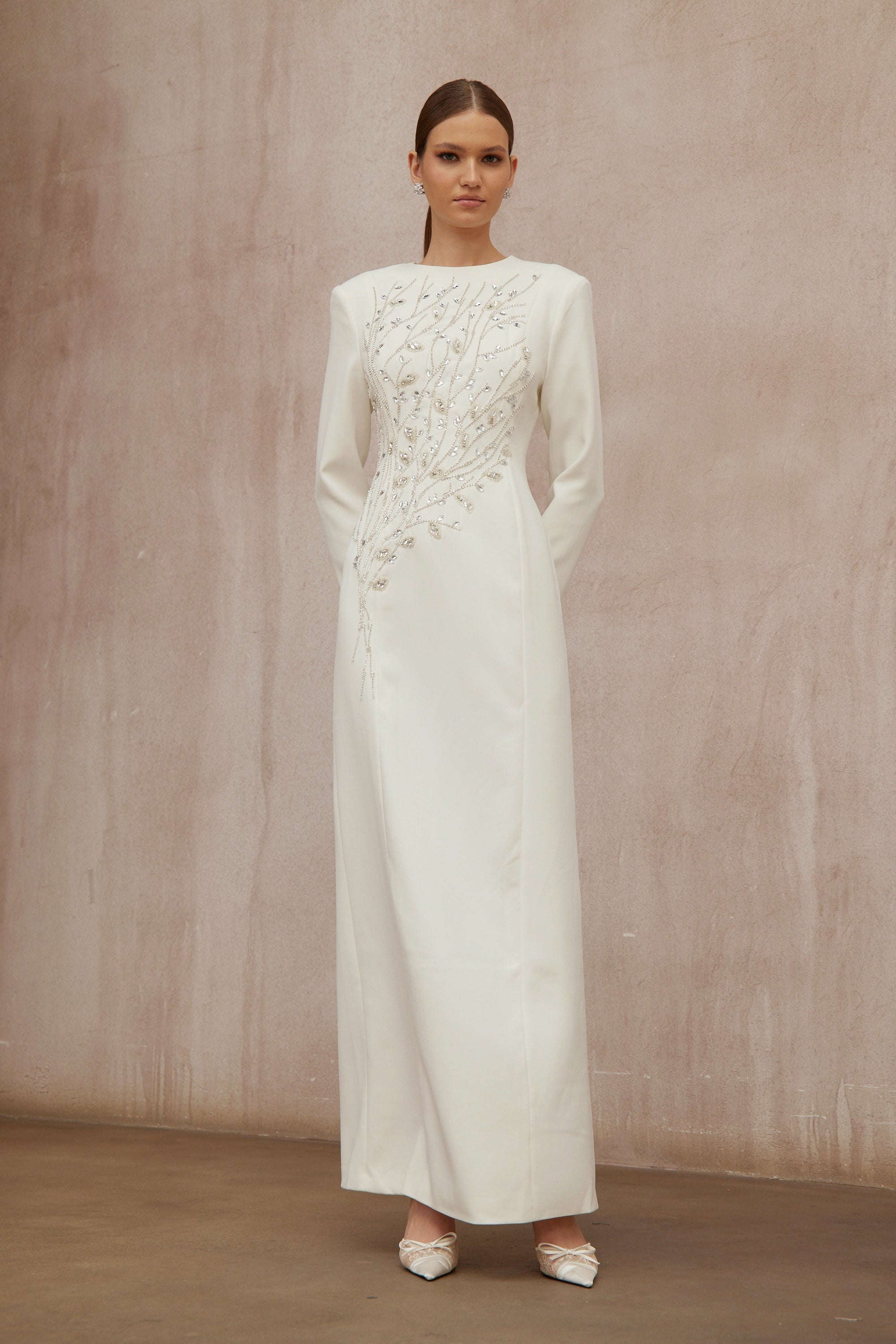 Calliopée White Leaf Appliqué Embellished Maxi Gown