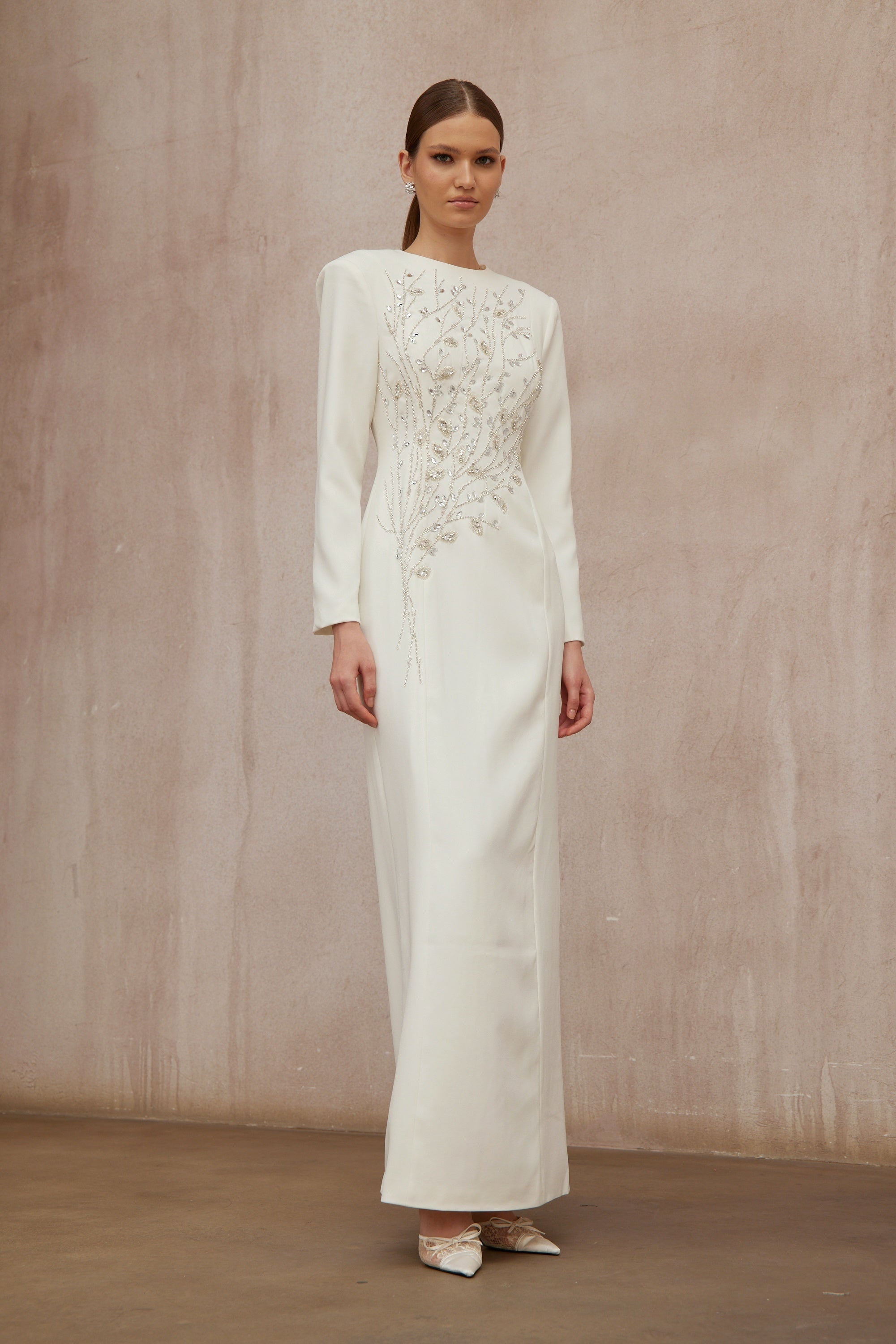 Calliopée White Leaf Appliqué Embellished Maxi Gown