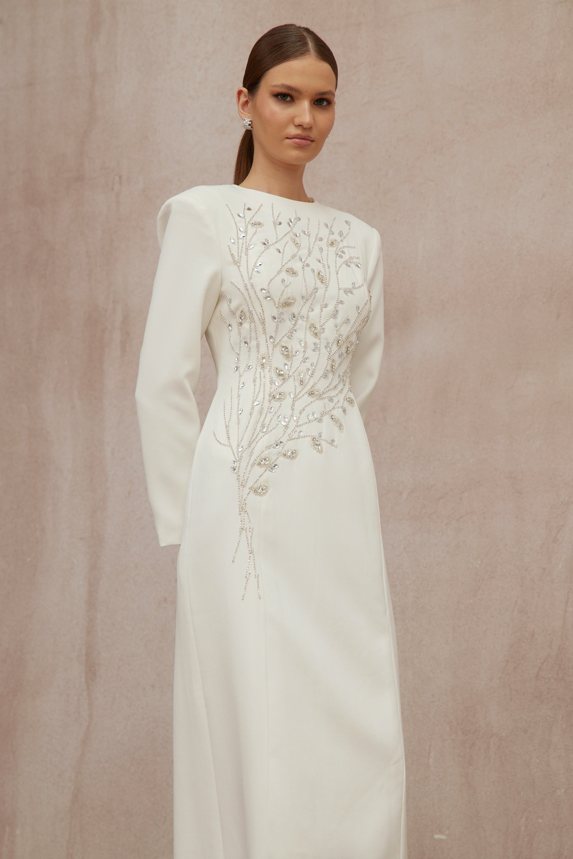 Calliopée White Leaf Appliqué Embellished Maxi Gown