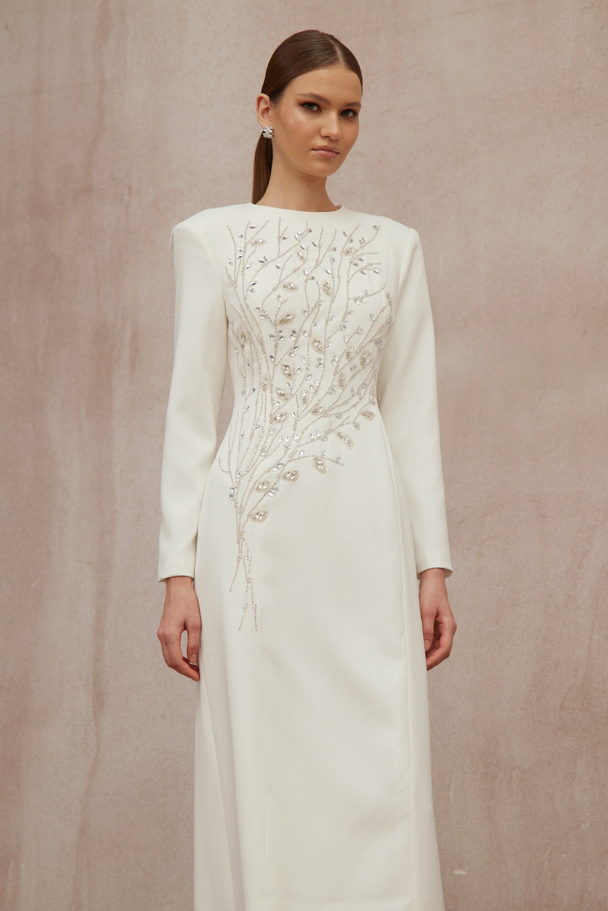 Calliopée White Leaf Appliqué Embellished Maxi Gown