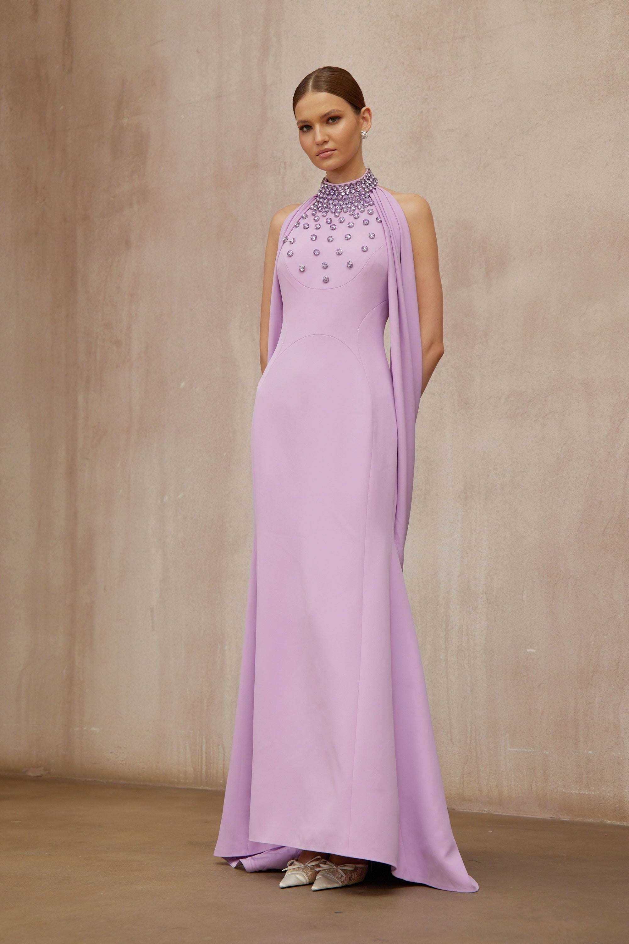Cerise Purple Shawl Embellished Maxi Dress