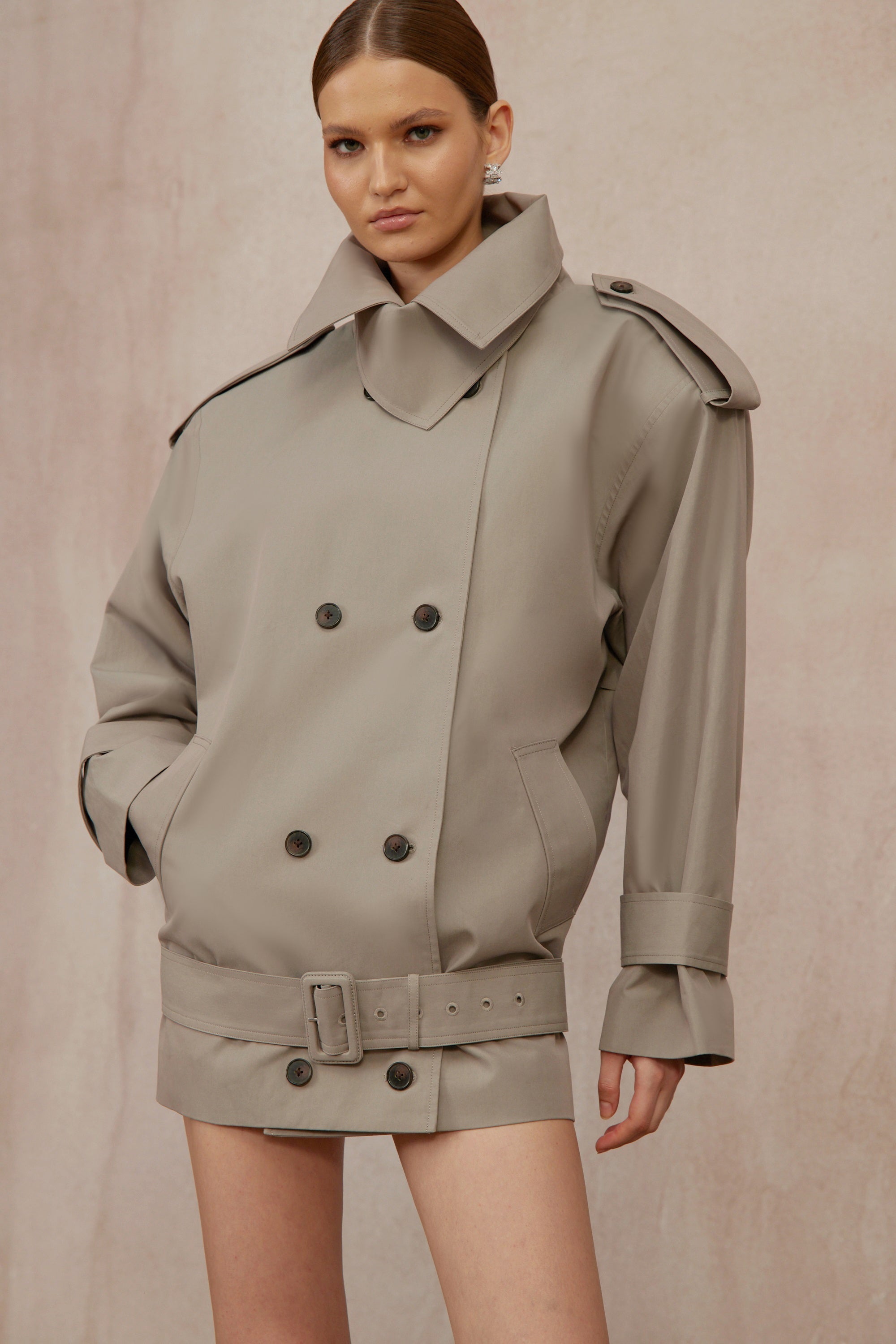 Mavis Grey Double-Breasted Belted Trench Coat