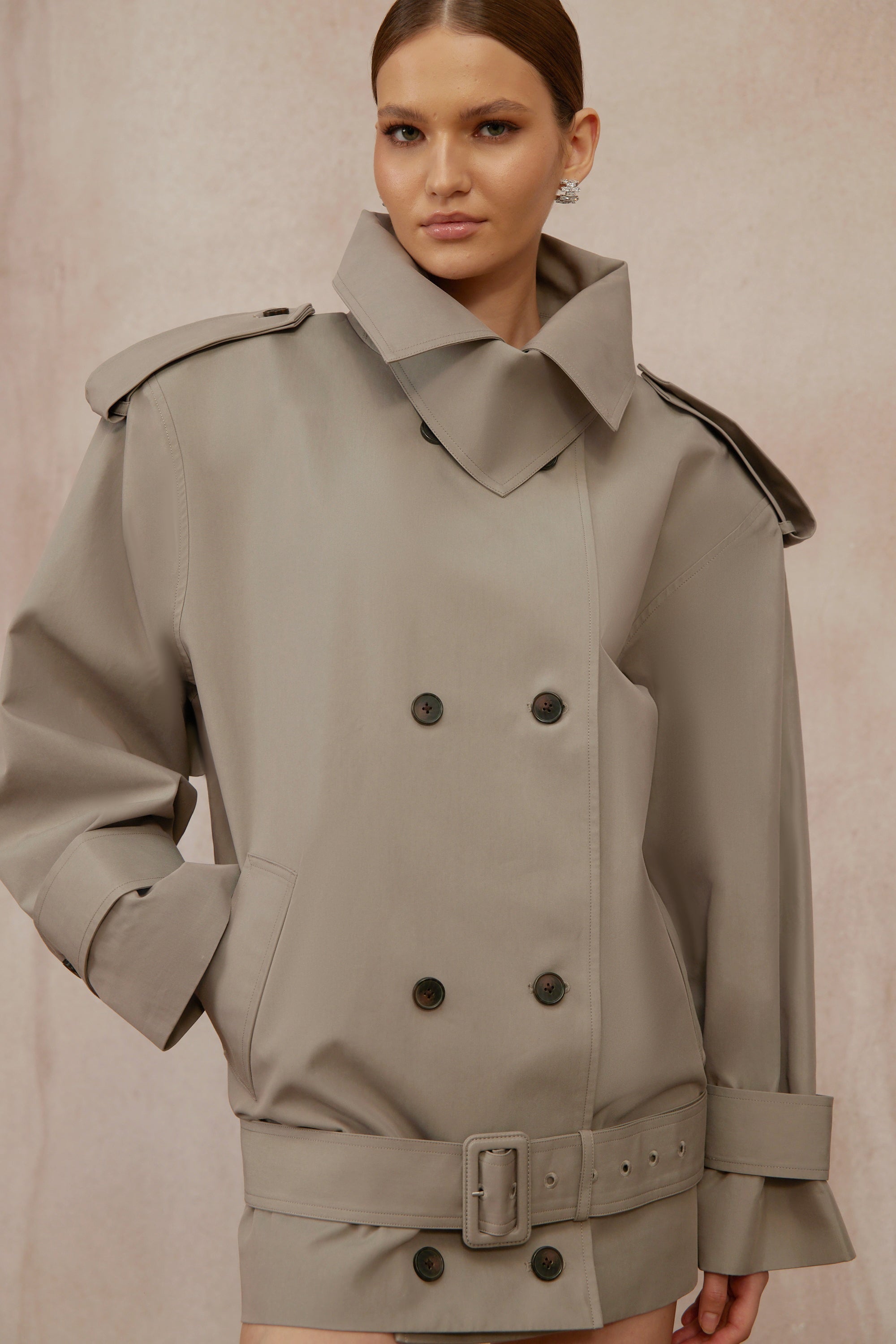 Mavis Grey Double-Breasted Belted Trench Coat