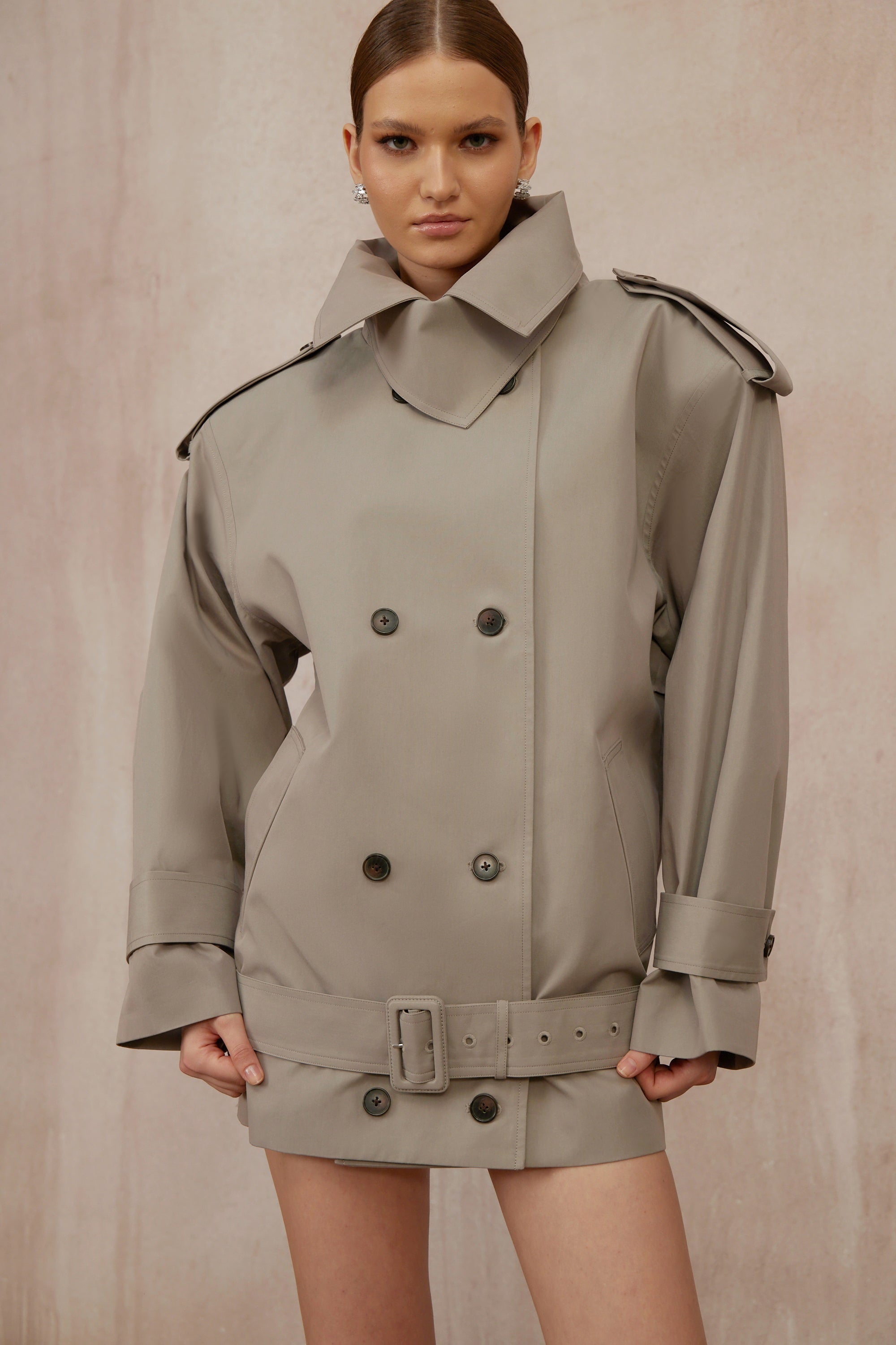 Mavis Grey Double-Breasted Belted Trench Coat