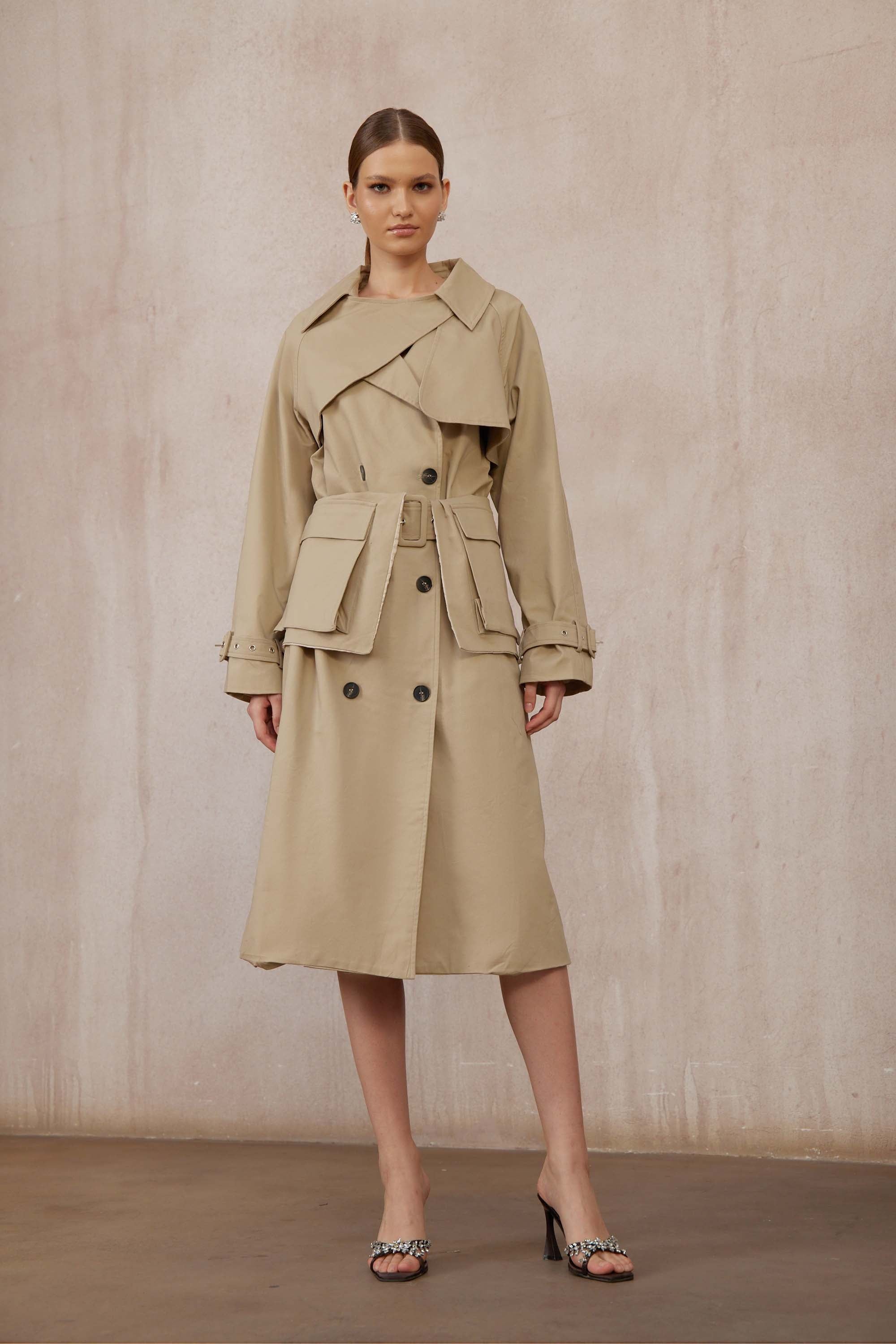 Raquel Khaki Asymmetrischer langer Trenchcoat