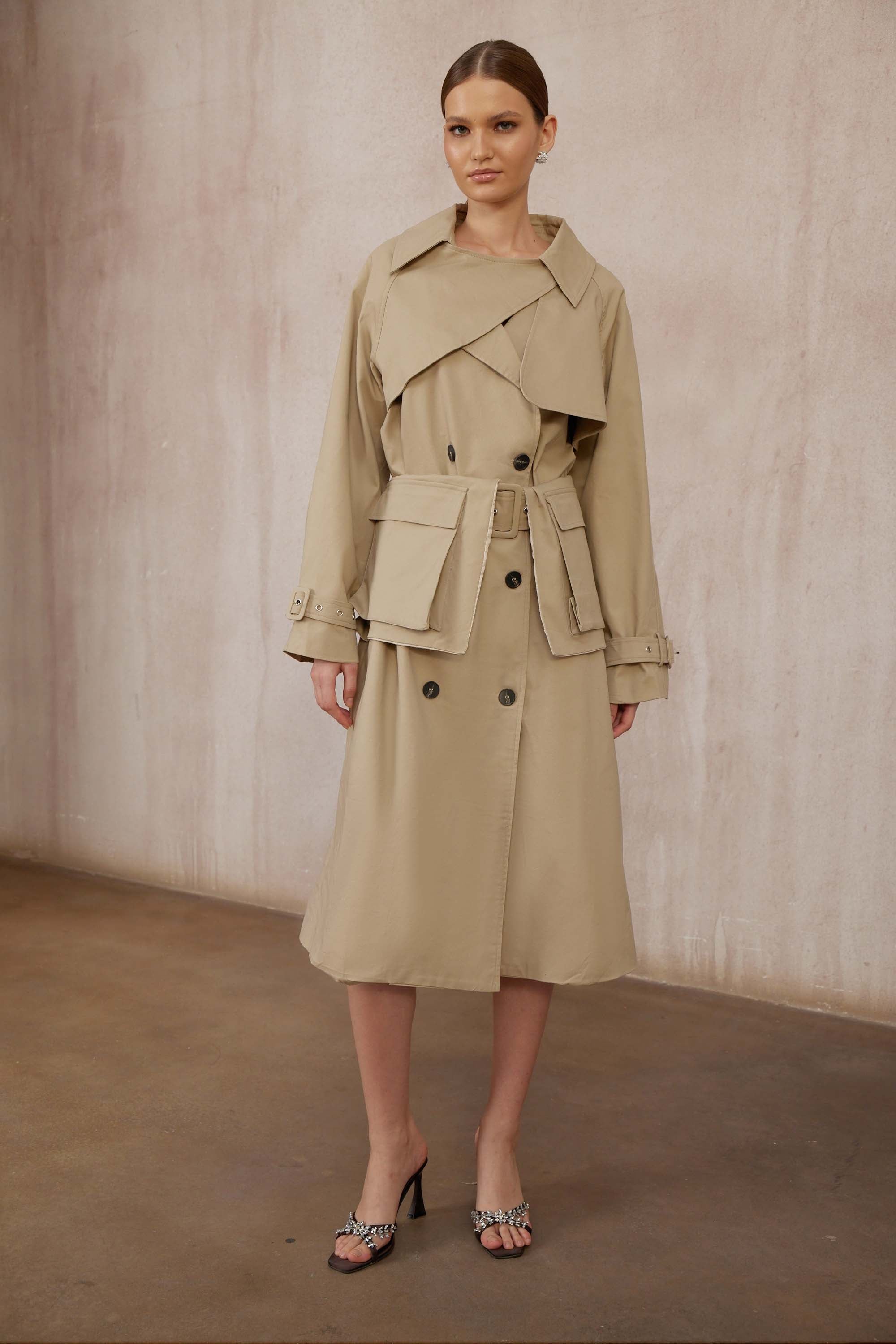 Raquel Khaki Asymmetrischer langer Trenchcoat