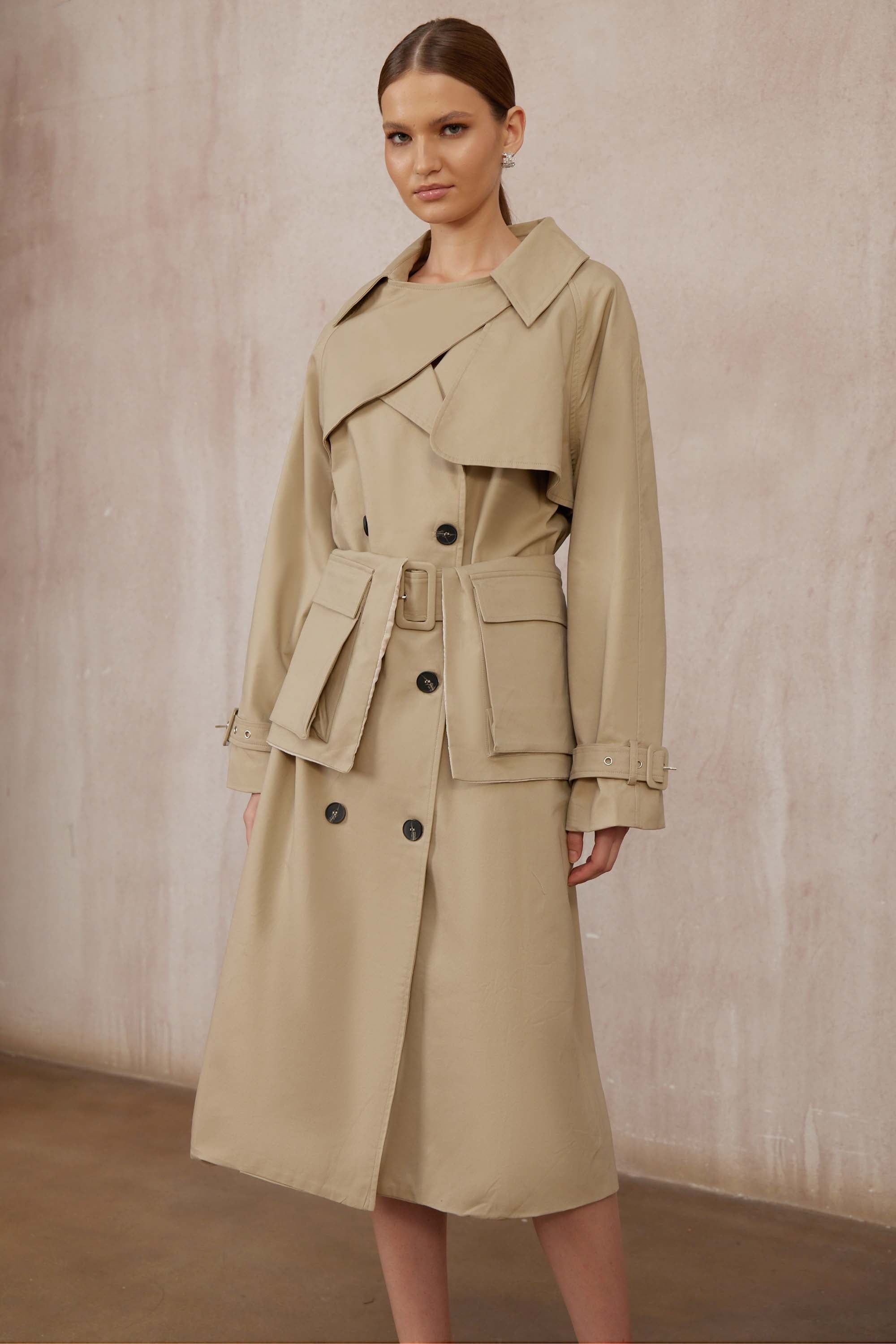 Raquel Khaki Asymmetrischer langer Trenchcoat