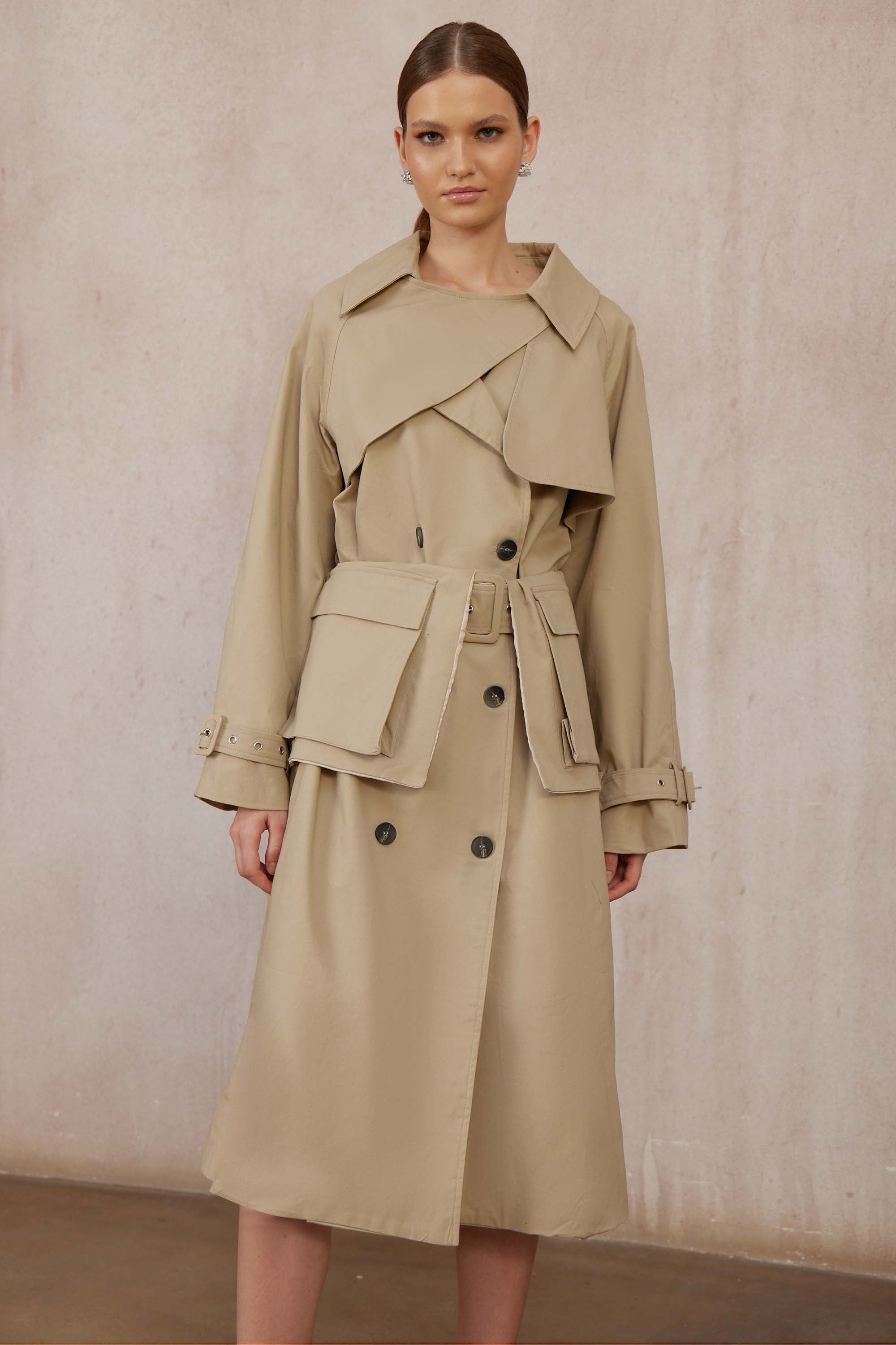 Raquel Khaki Asymmetrischer langer Trenchcoat