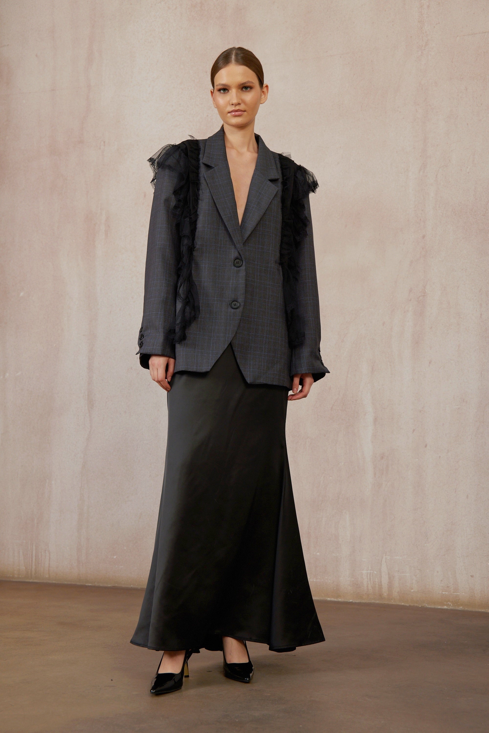 Rebecca Grey Lace Panel Plaid Blazer