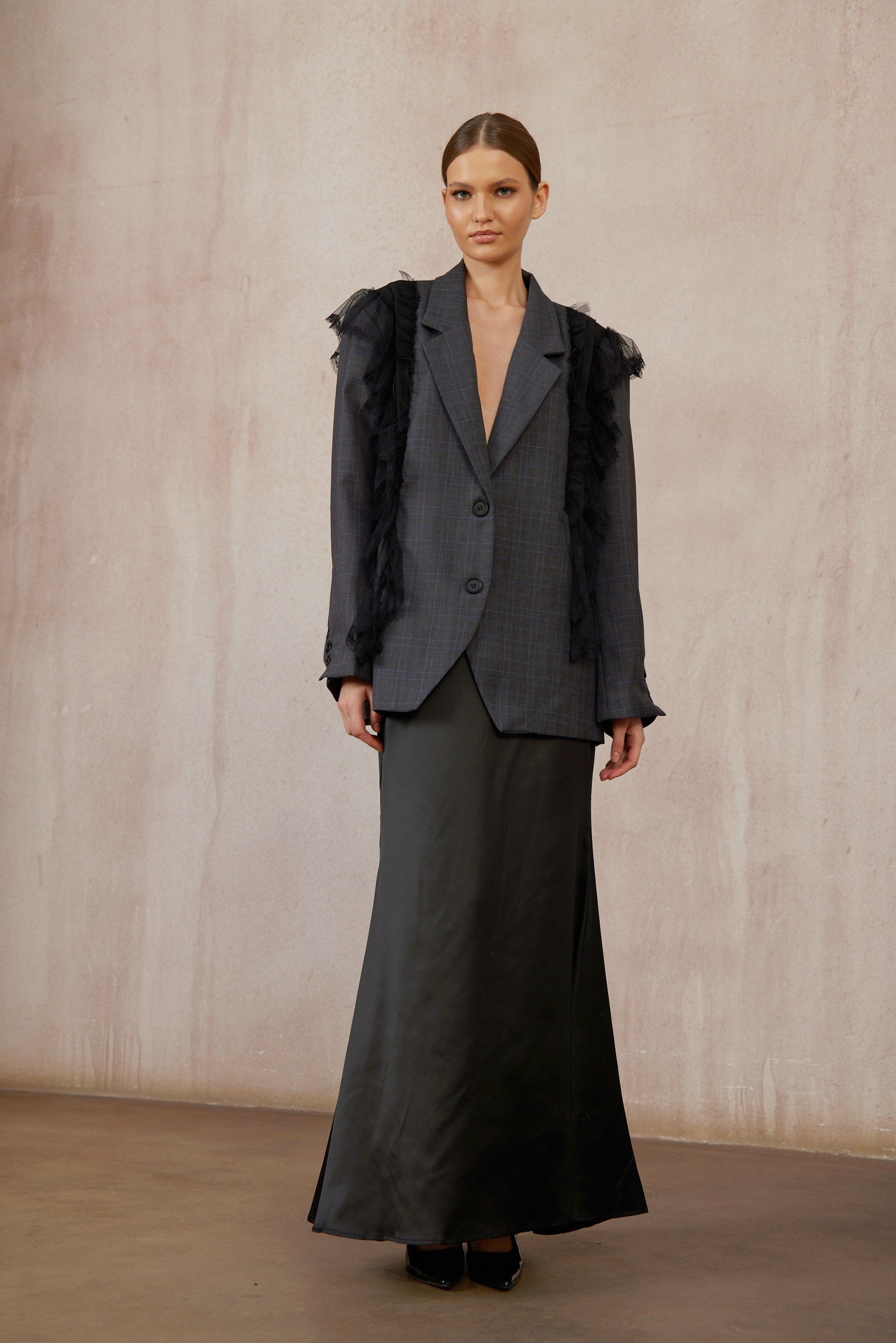 Rebecca Grey Lace Panel Plaid Blazer