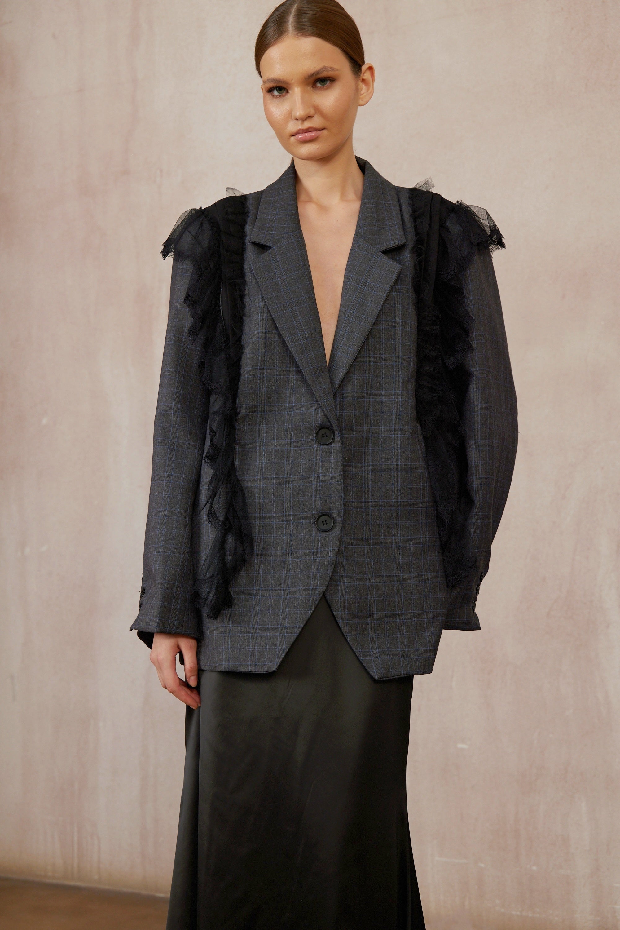 Rebecca Grey Lace Panel Plaid Blazer