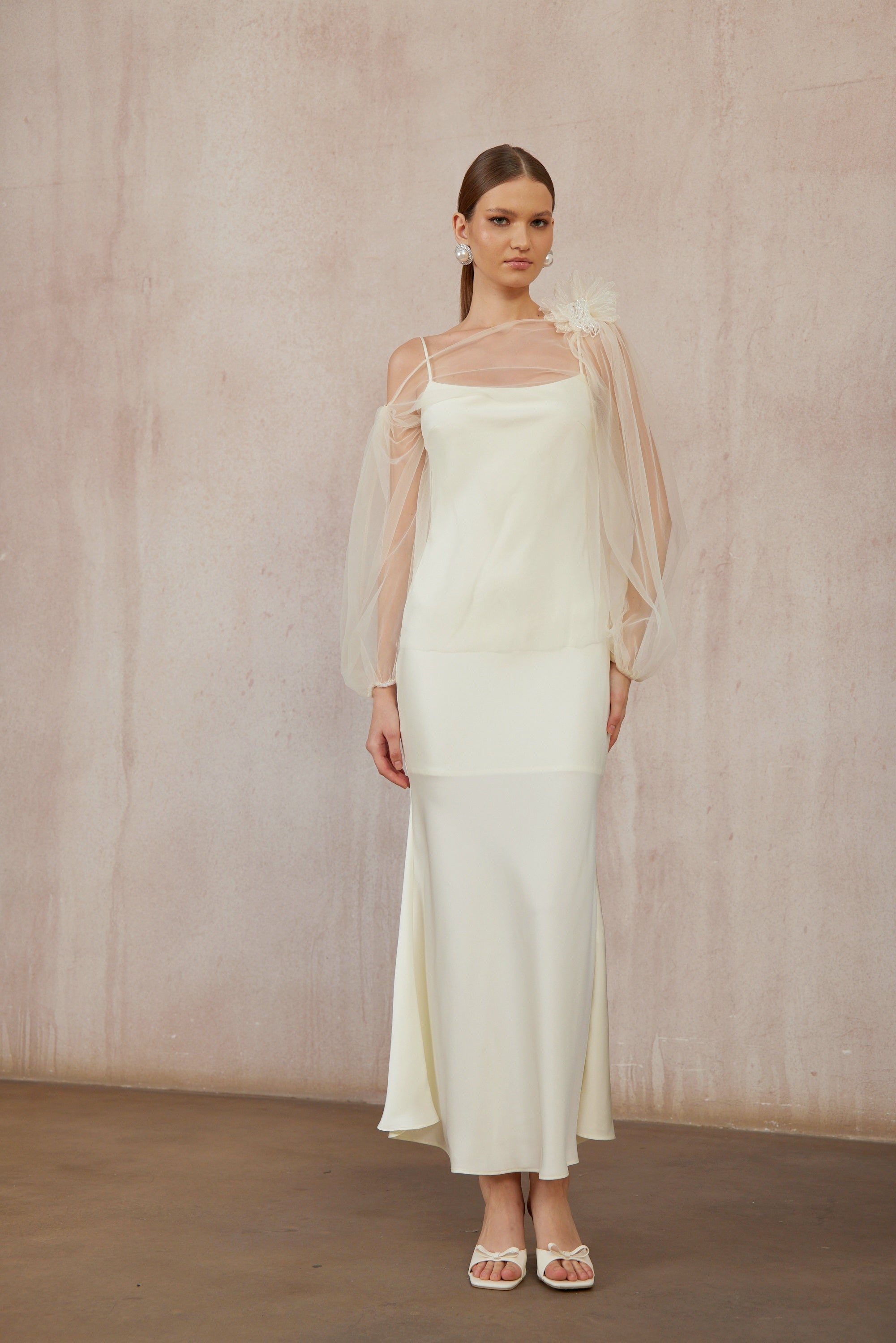 Héloïse White Floral Tulle Blouse & Satin Dress Set