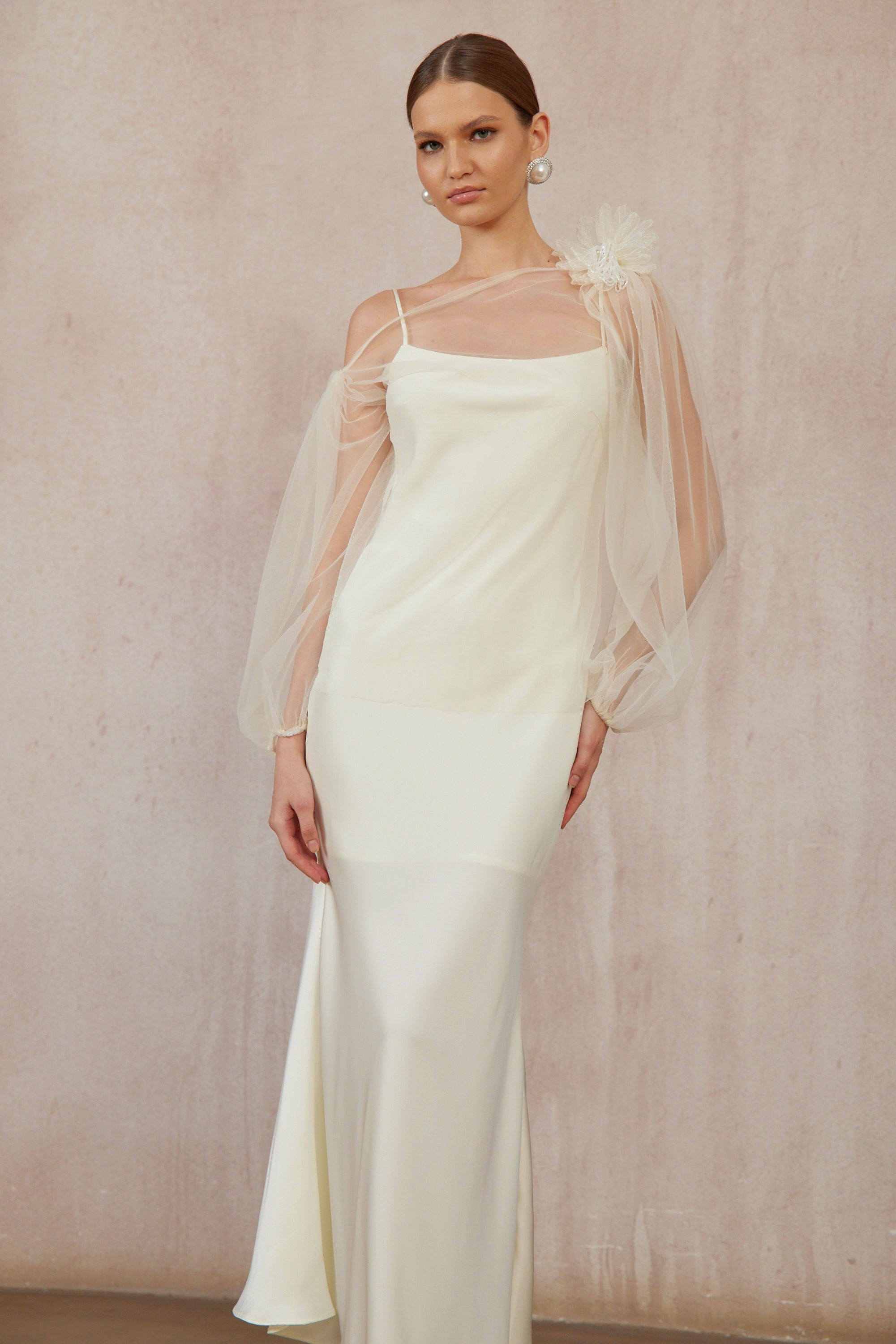 Héloïse White Floral Tulle Blouse & Satin Dress Set