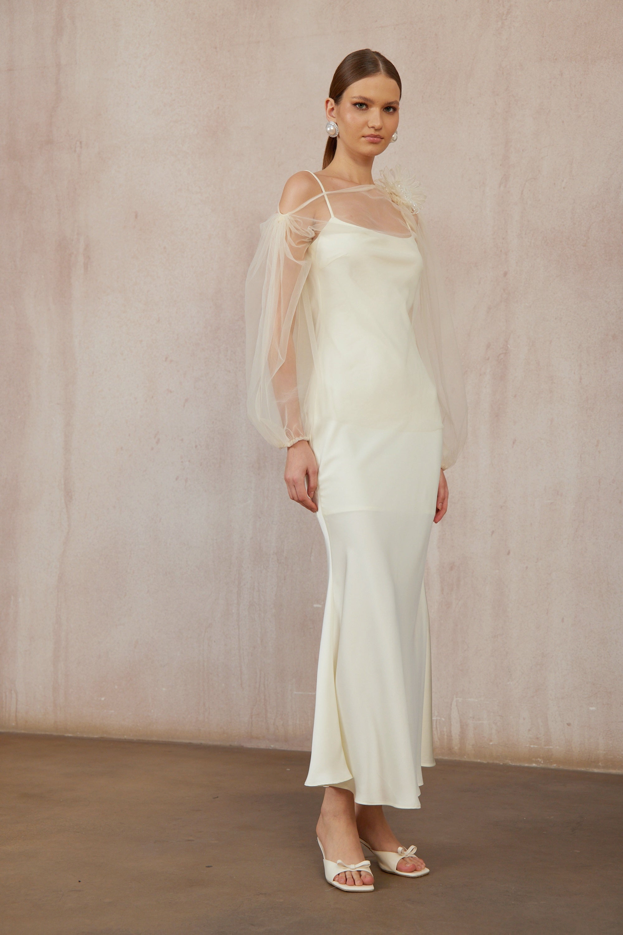 Héloïse White Floral Tulle Blouse & Satin Dress Set