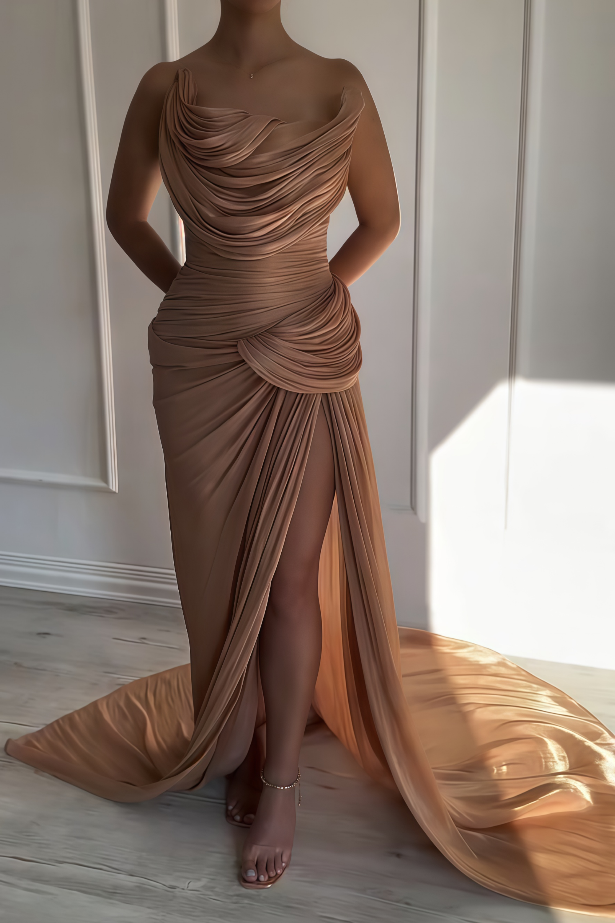Gelsomina Gold Asymmetrisches, glänzendes Maxikleid mit Raffungen