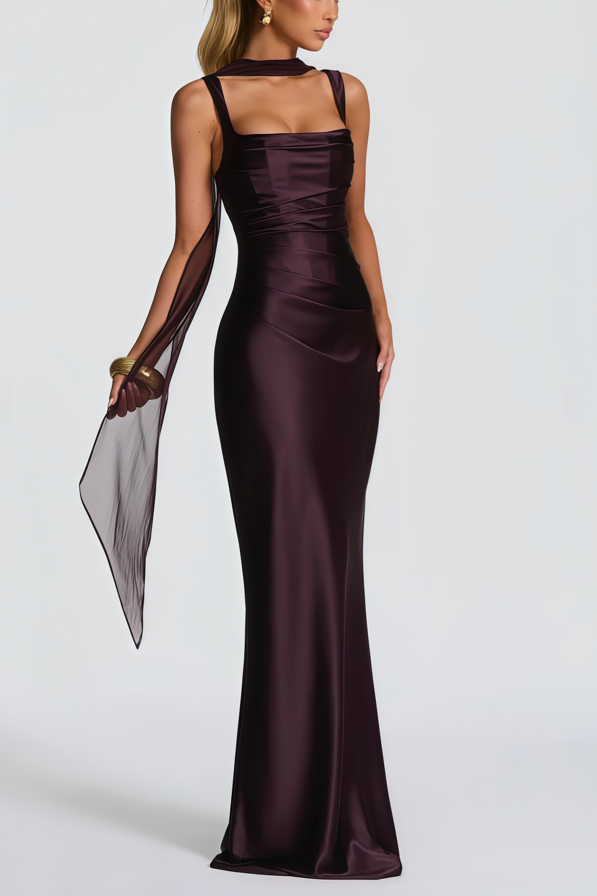 Inmaculada Brown Ruched Satin Maxi Dress