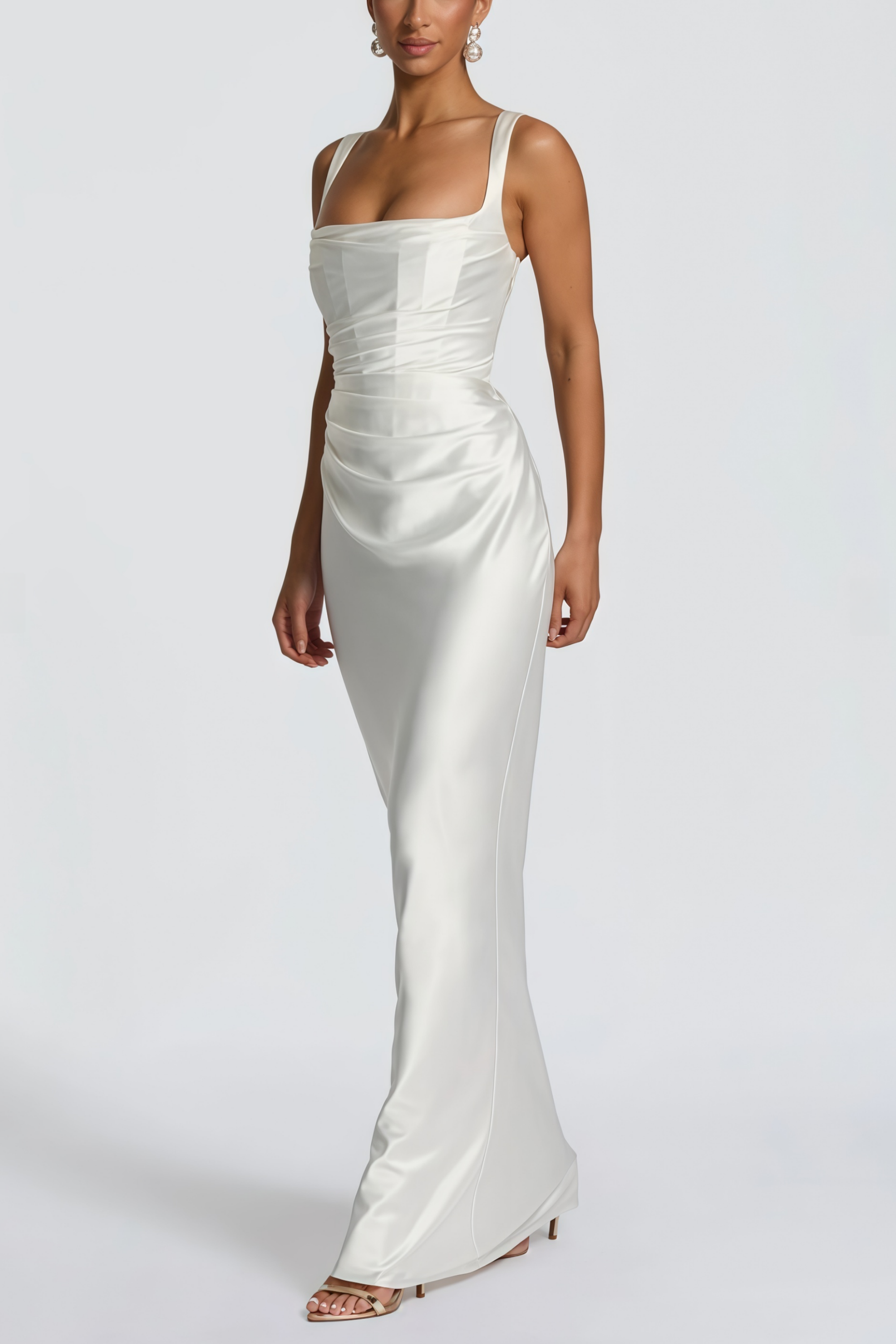 Inmaculada Weißes gerafftes Satin-Maxikleid