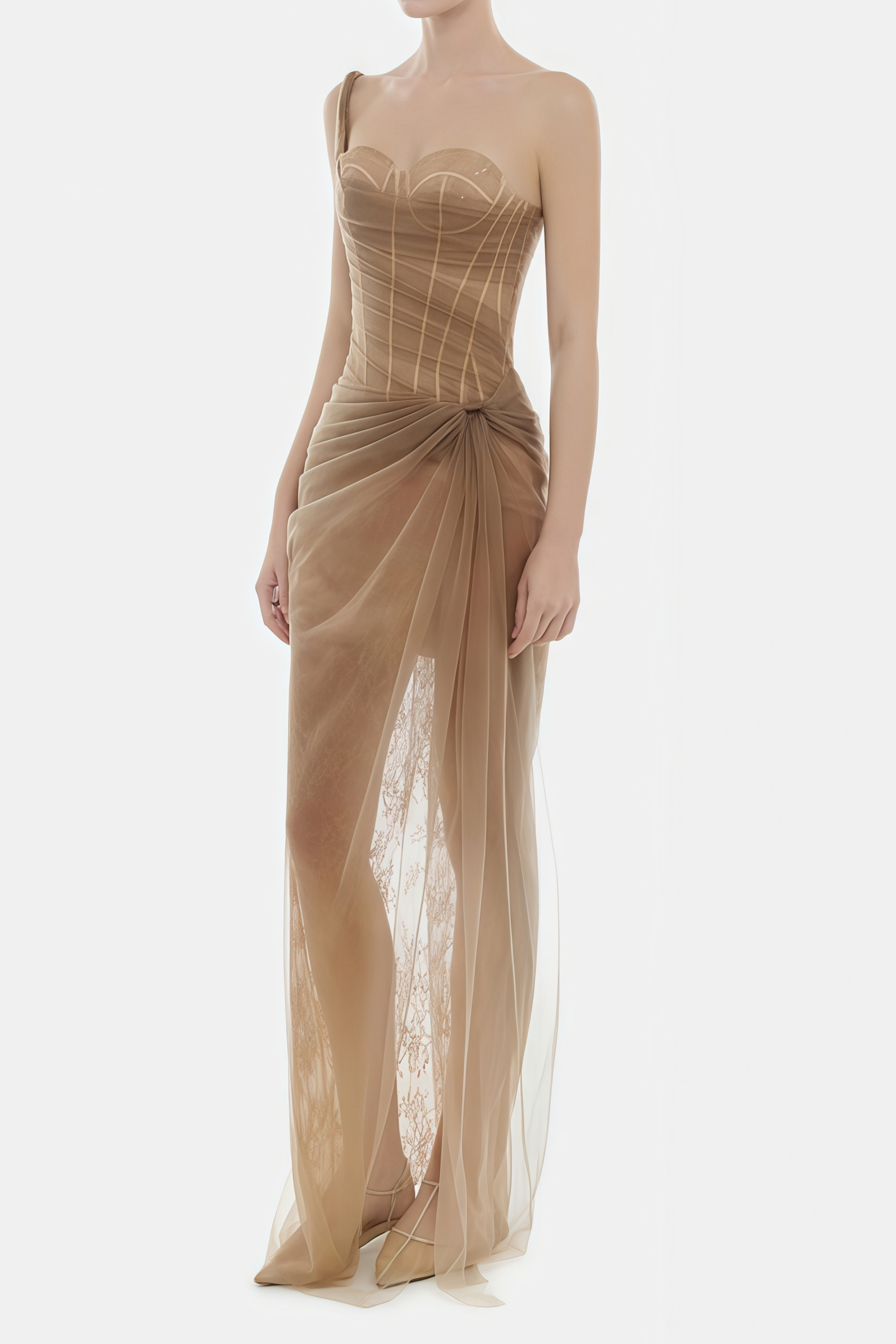 Juno Brown Pleated Mesh Midi Dress