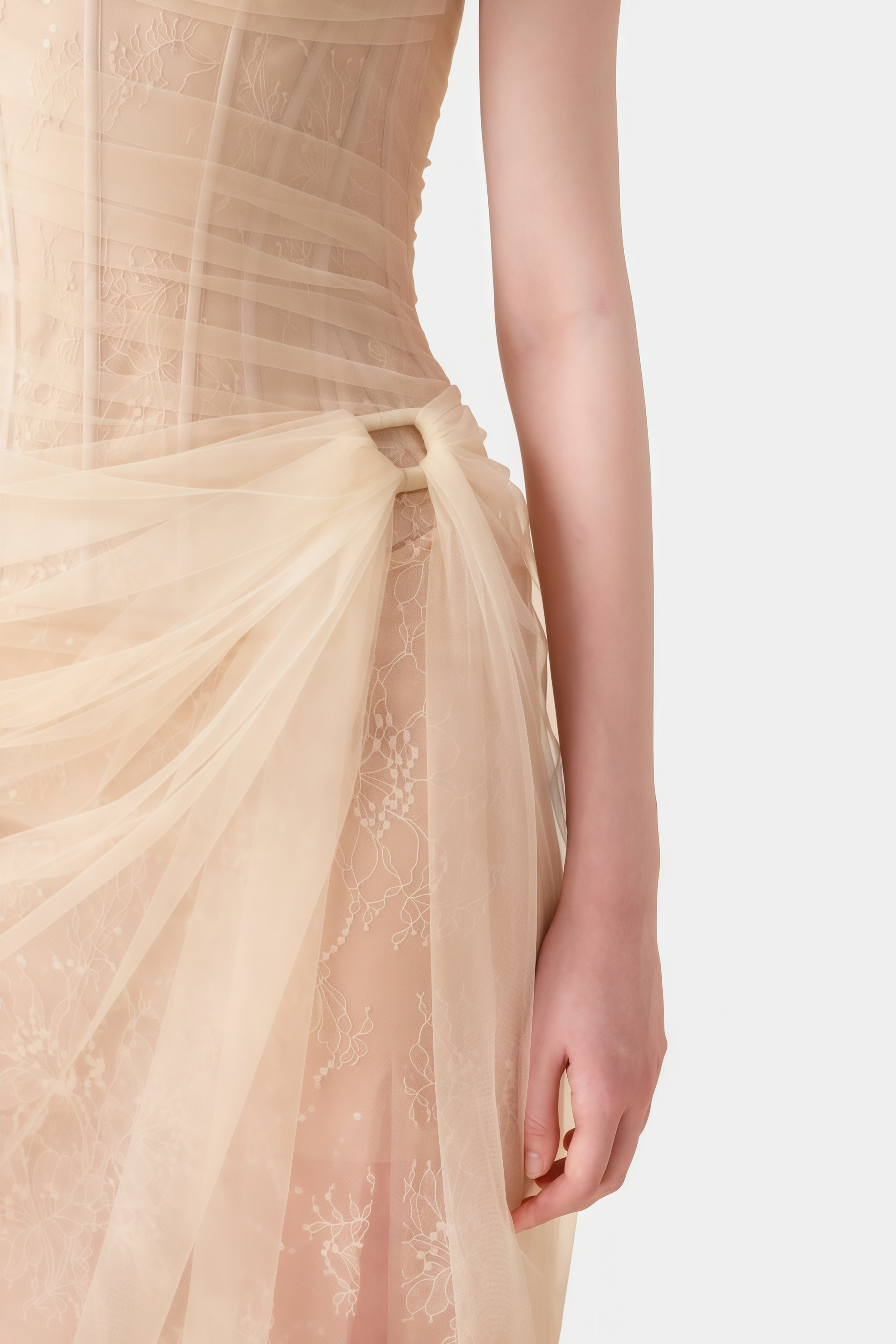 Juno Neutral Pleated Mesh Midi Dress