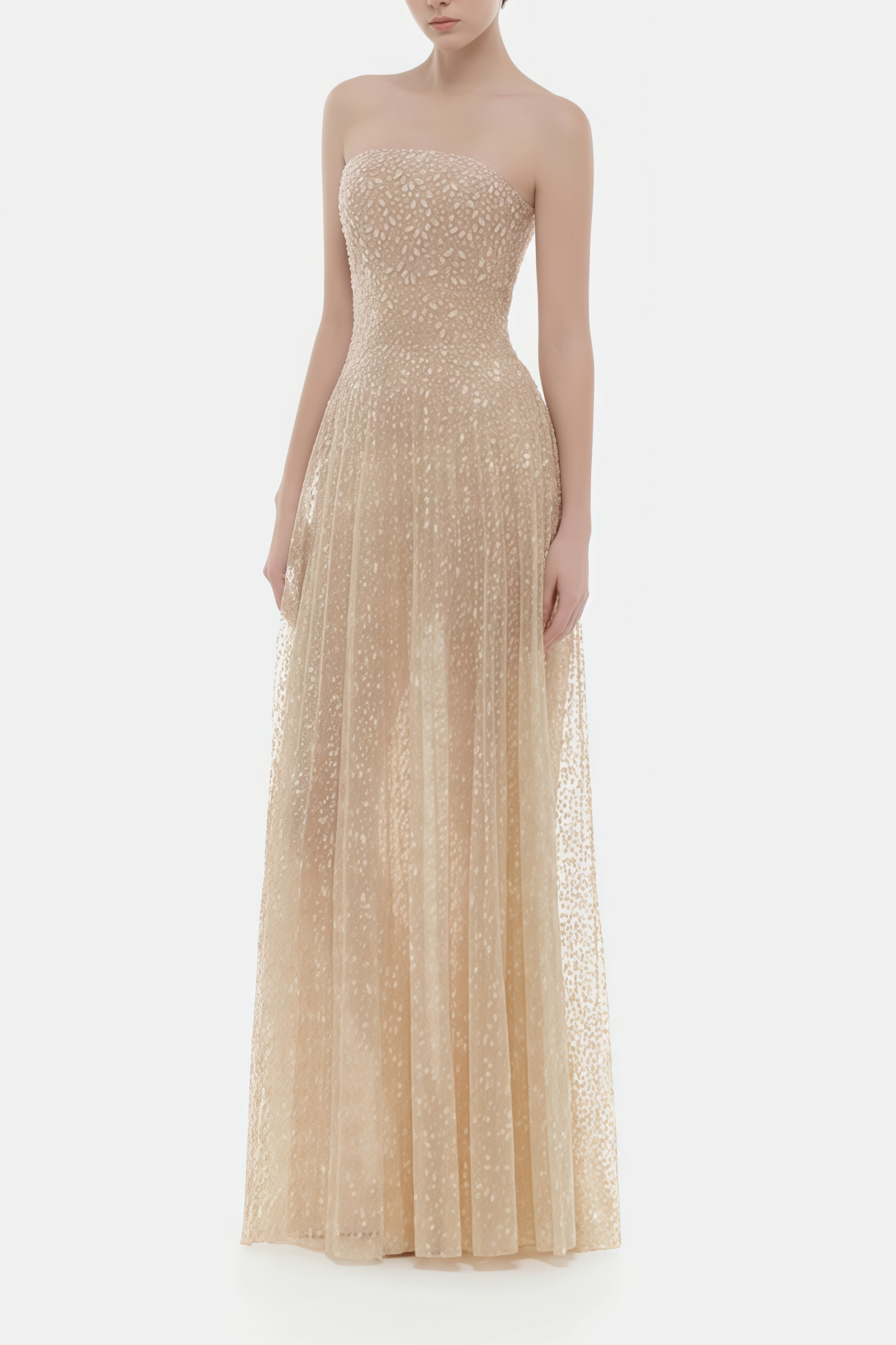 Ginetta Neutral Sequined Floral Lace Maxi Dress