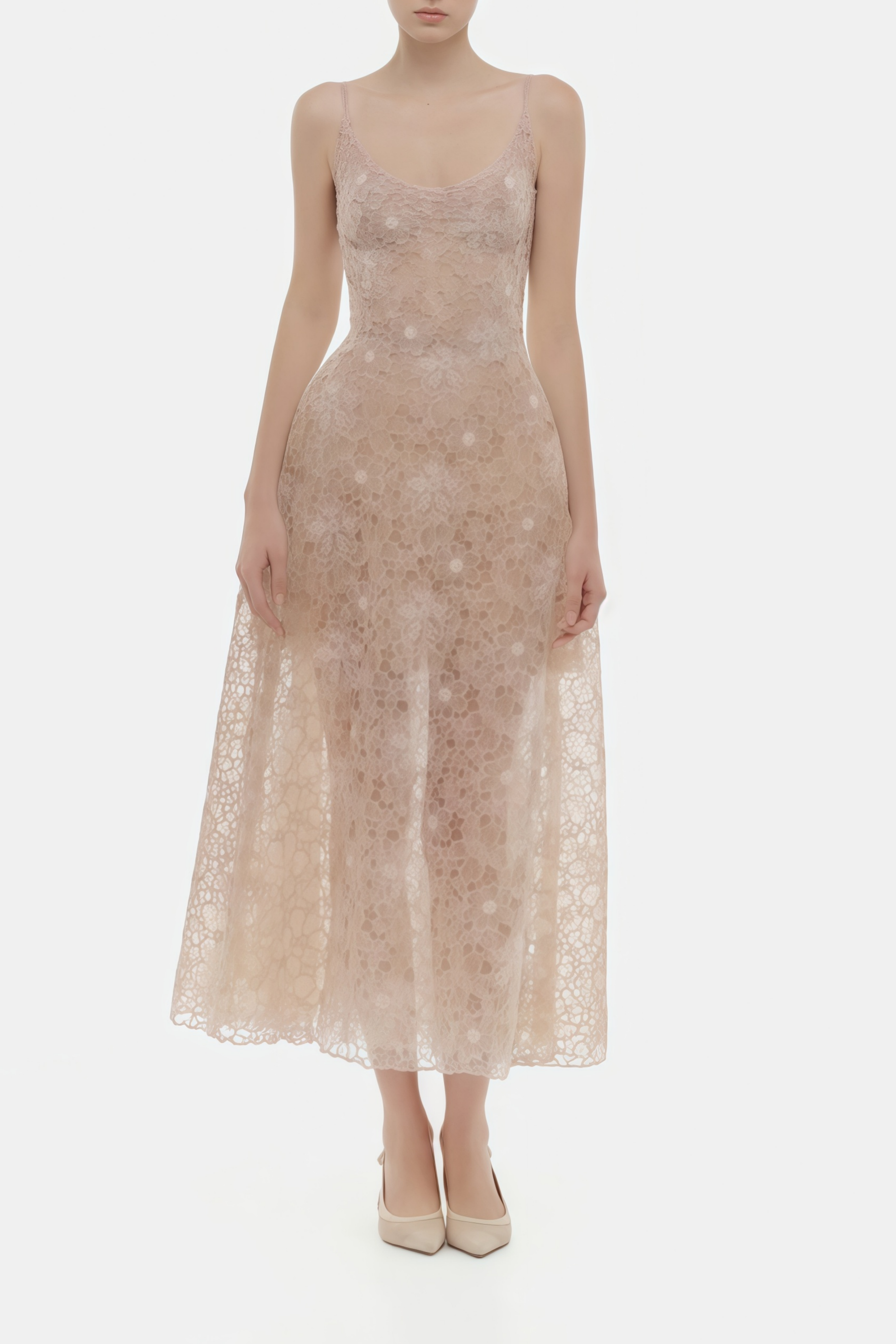 فستان كريستوفر الوردي المزهر من الدانتيل متوسط الطول