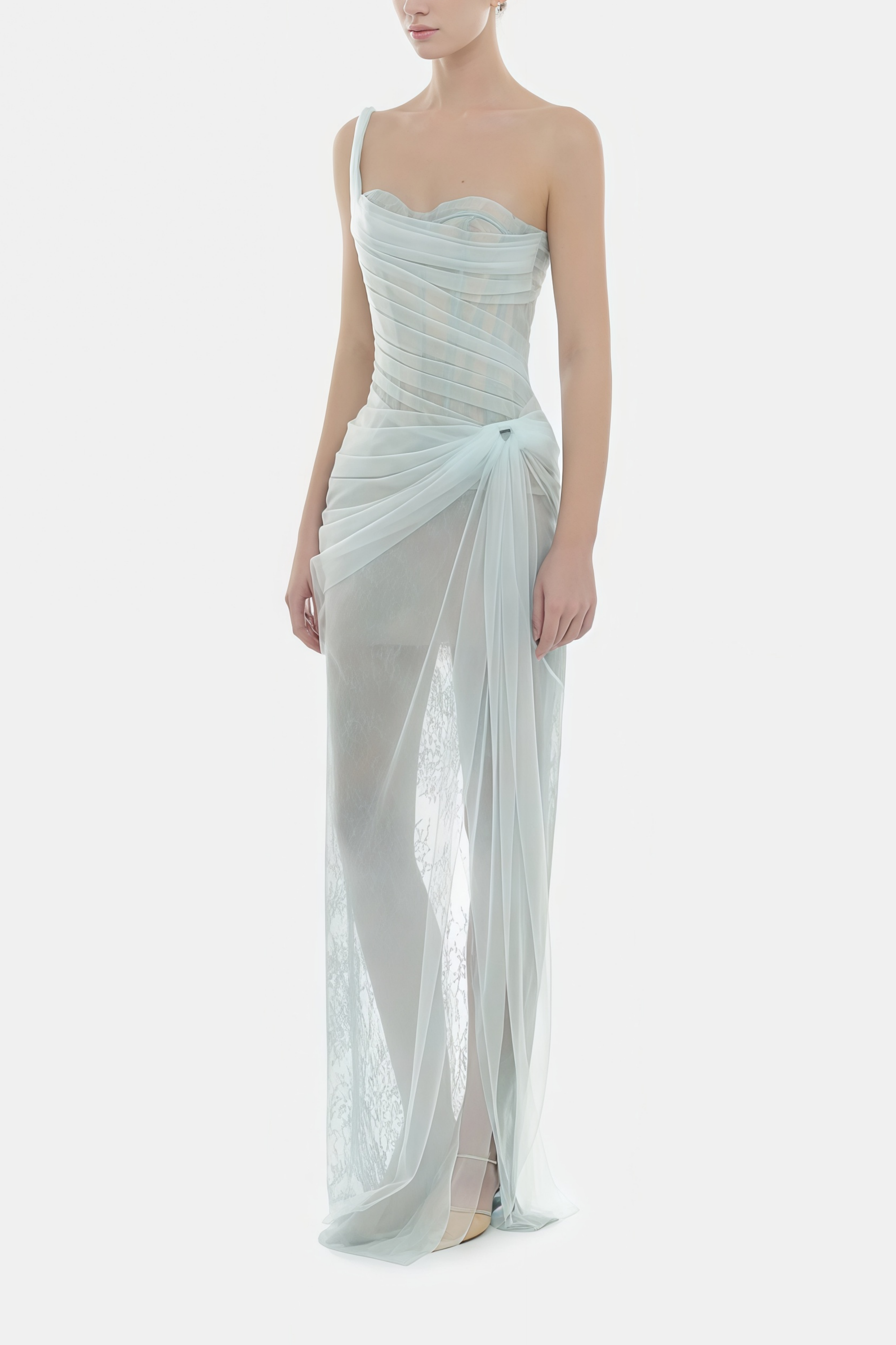 Juno Blue Pleated Mesh Midi Dress