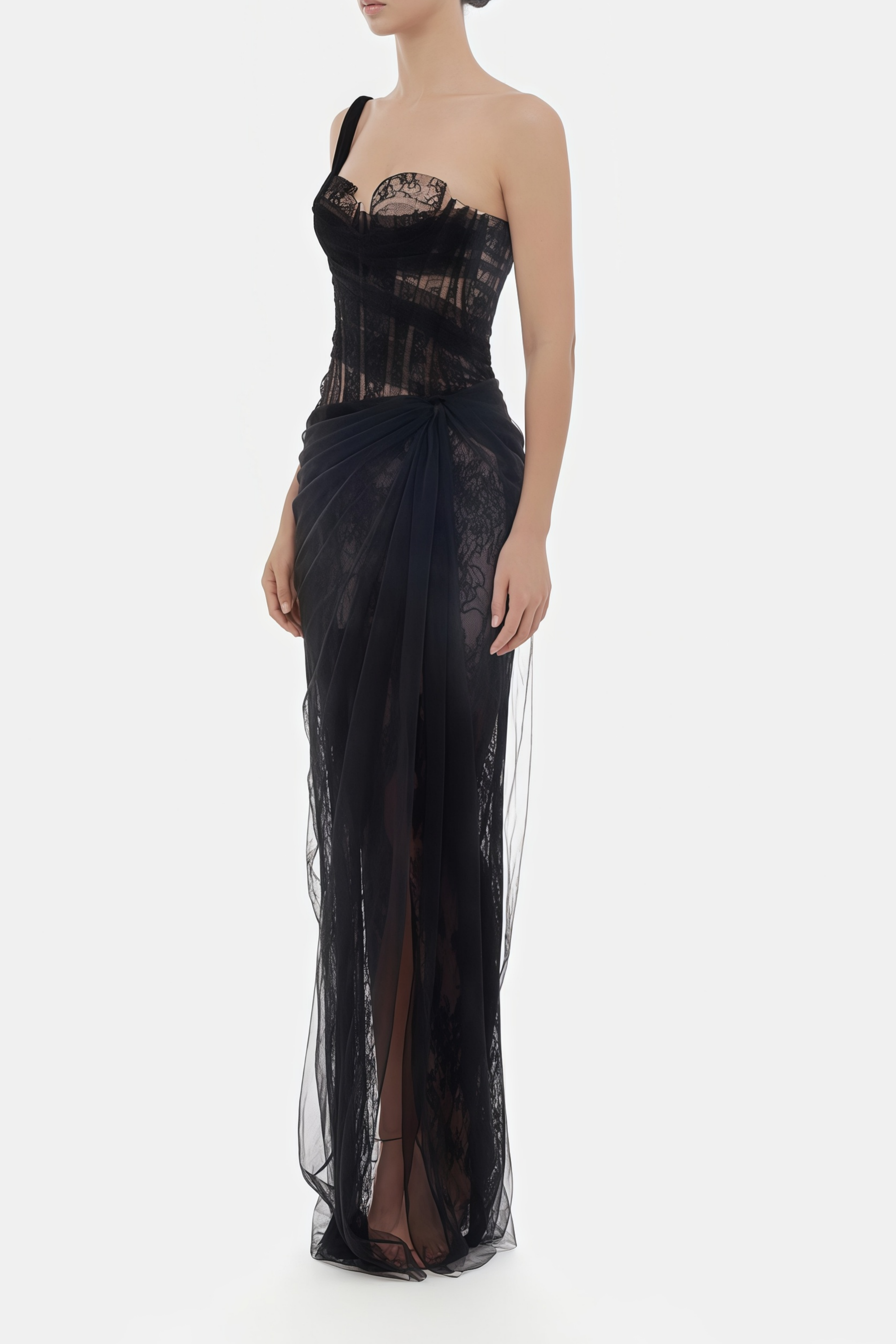 فستان جونو متوسط ​​الطول من القماش الشبكي المطوي باللون الأزرق