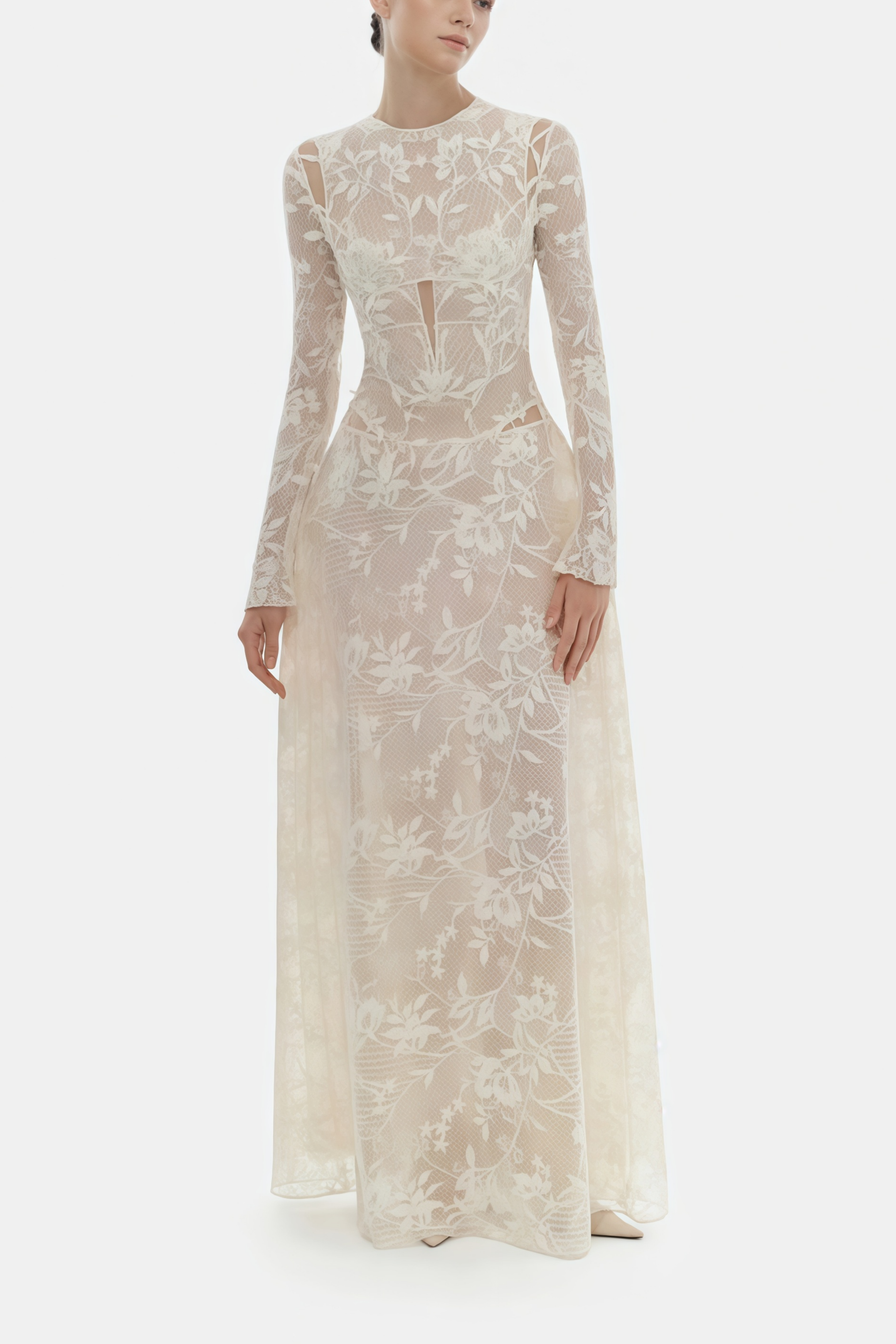 Bernsteinweißes, langärmliges Midikleid mit Blumenspitze