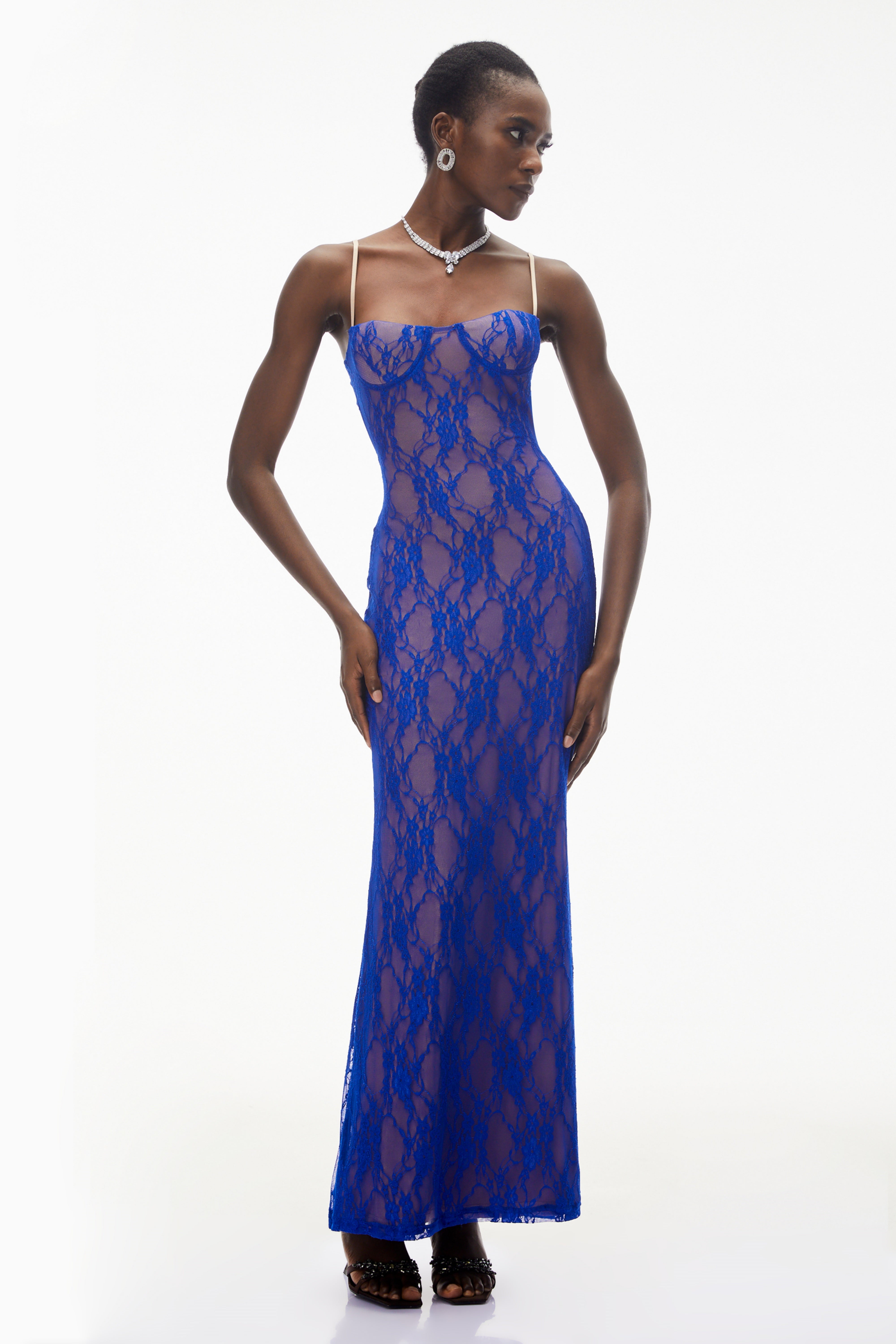 Emilia Navy Blue Floral Lace Maxi Dress