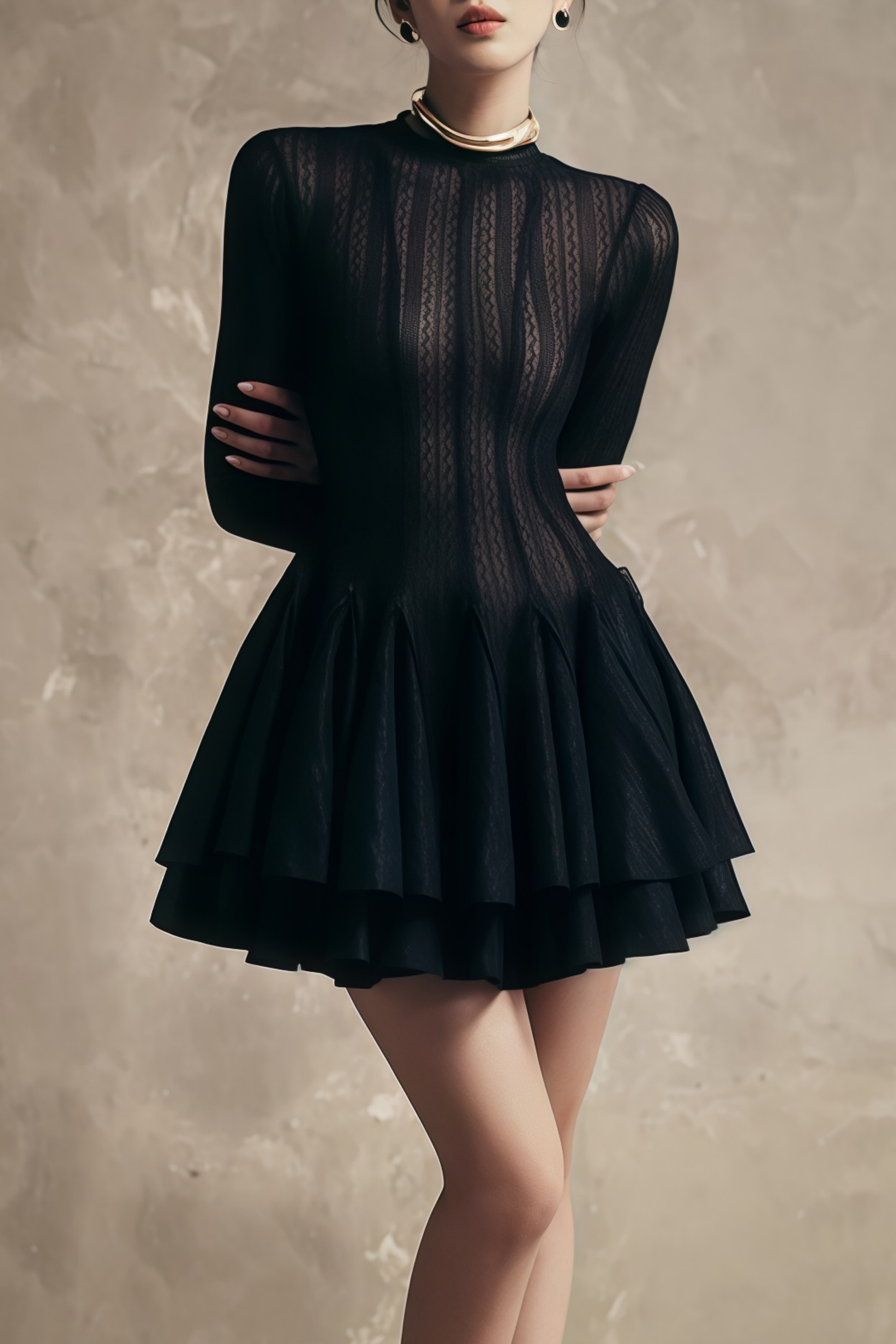 Hallie Black Mini-Kleid mit mehrlagigem Design und Puffärmeln