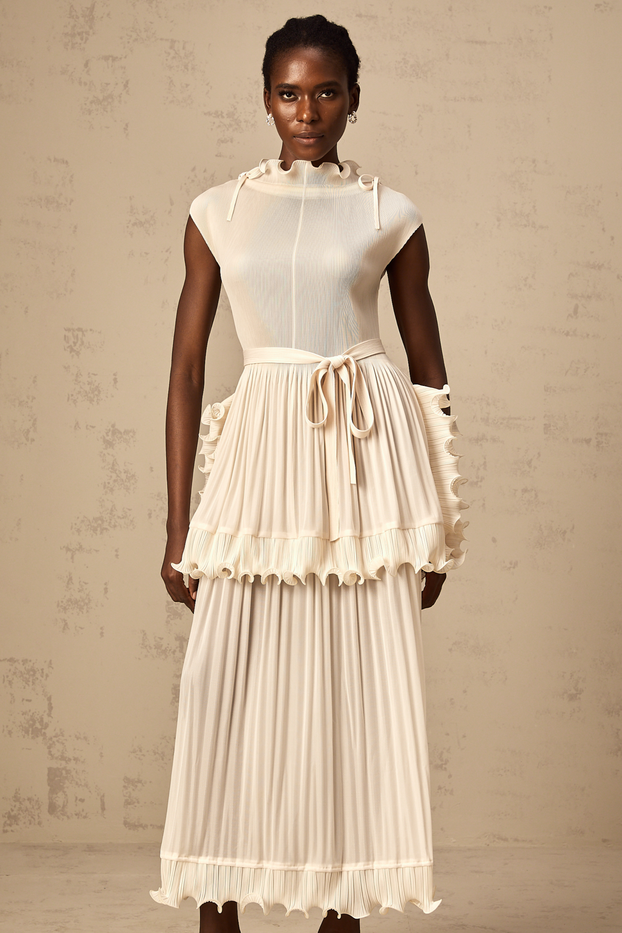 Diana white ruffle pleated sleeveless maxi dress