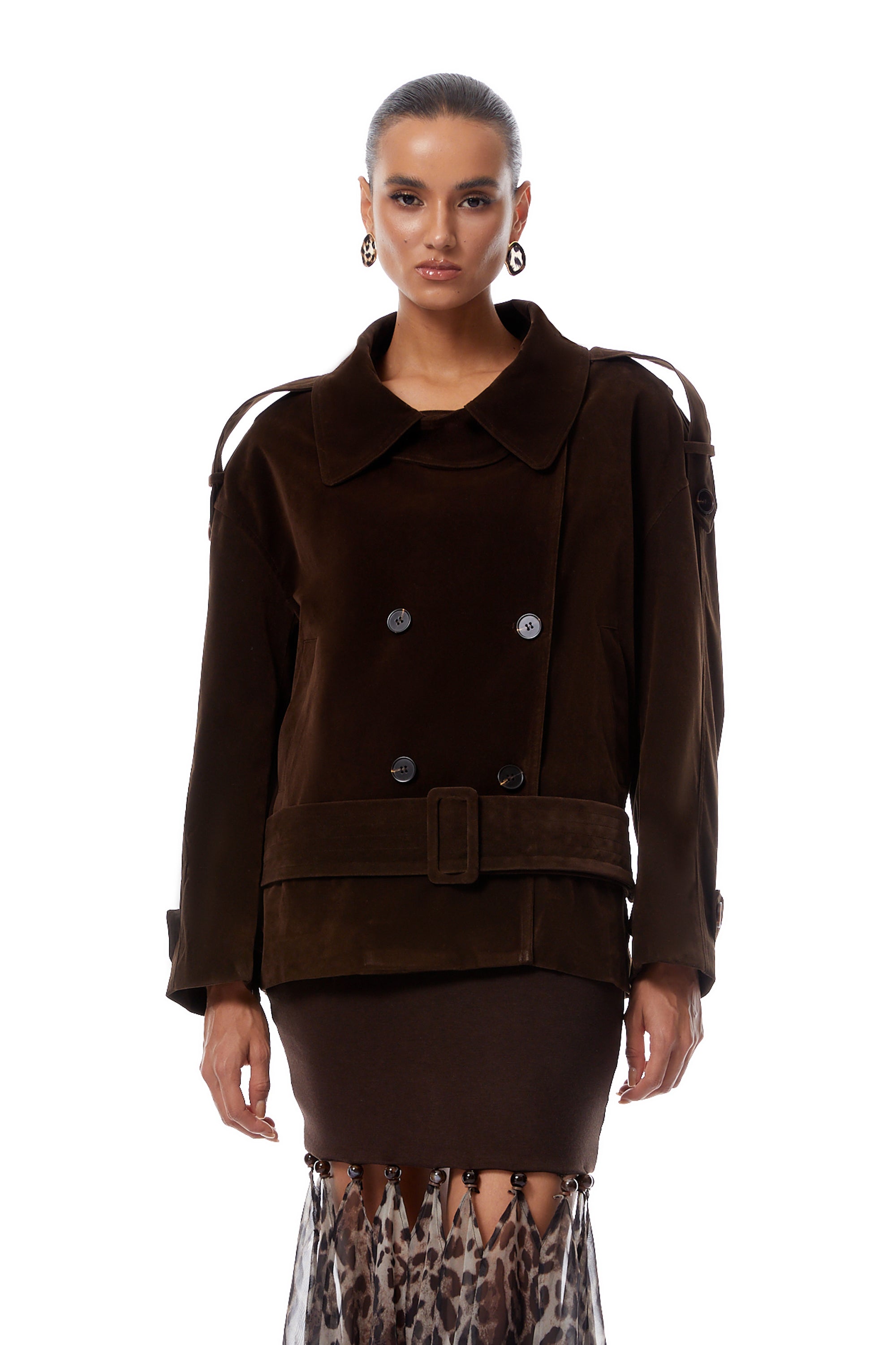 Francesca Brown zweireihiger Wildleder-Trenchcoat