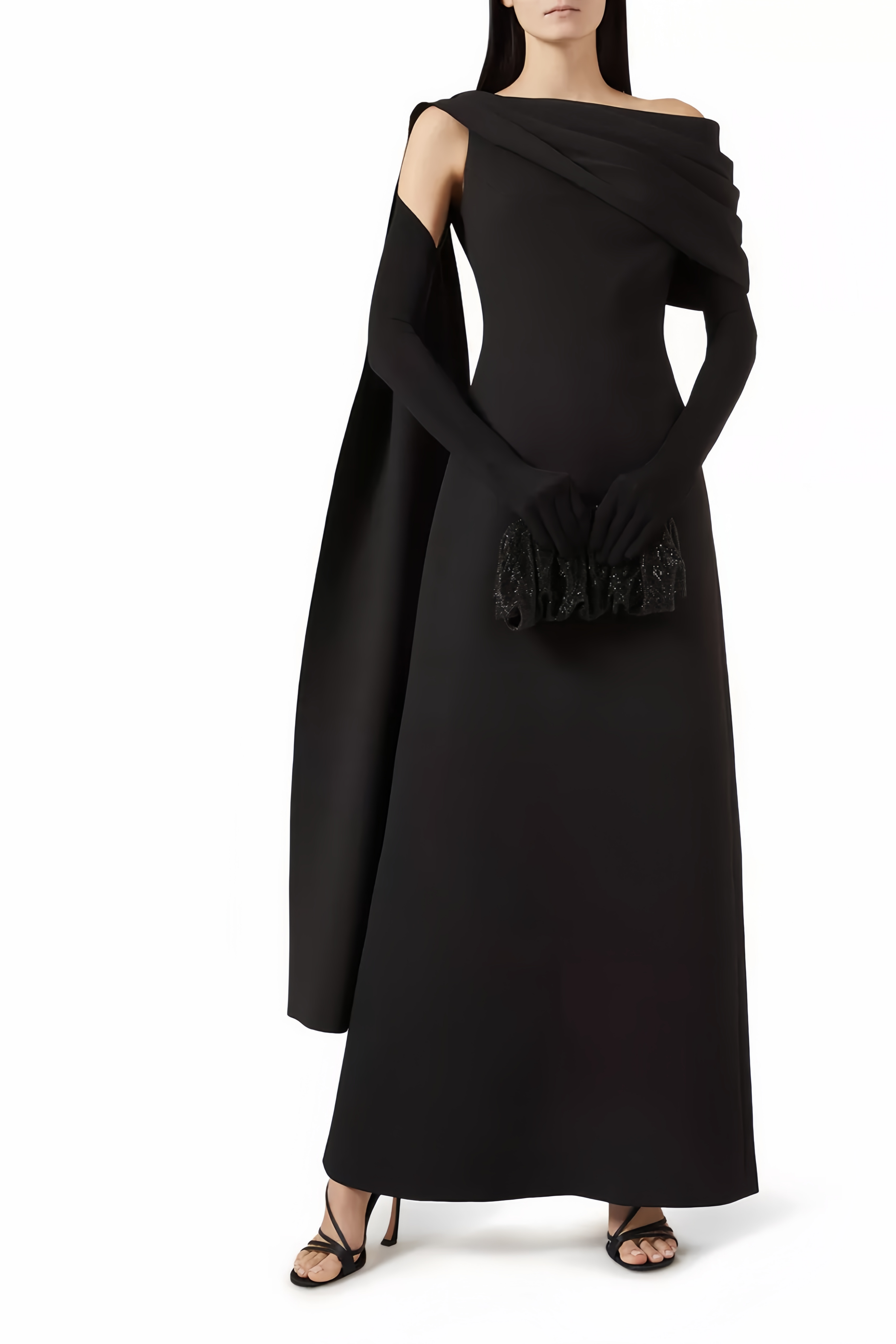 Annabelle Black Cape-Design Ribbon Maxi Dress (Without Gloves)