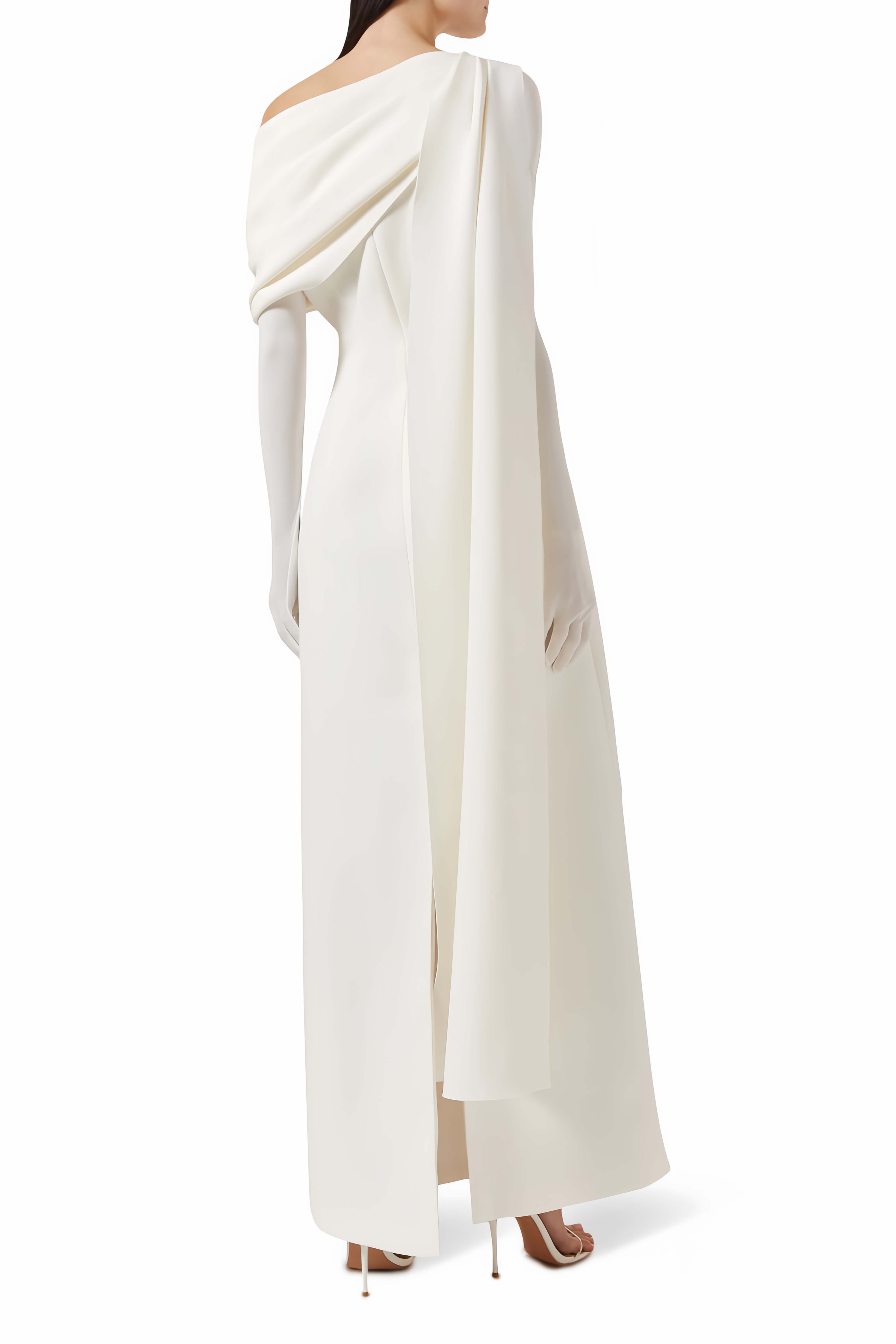 Annabelle White Cape-Design Ribbon Maxi Dress (Without Gloves)