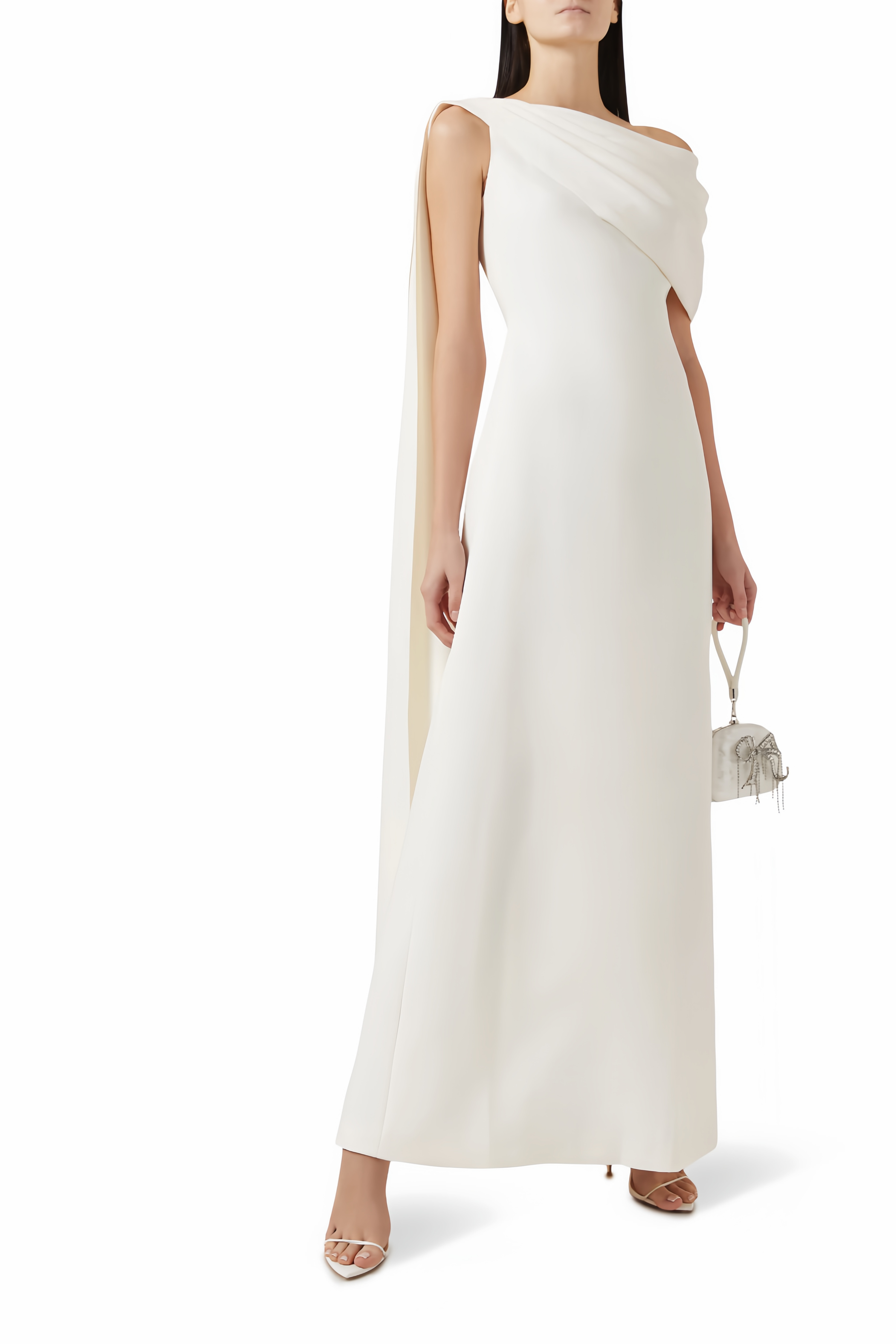 Annabelle White Cape-Design Ribbon Maxi Dress (Without Gloves)