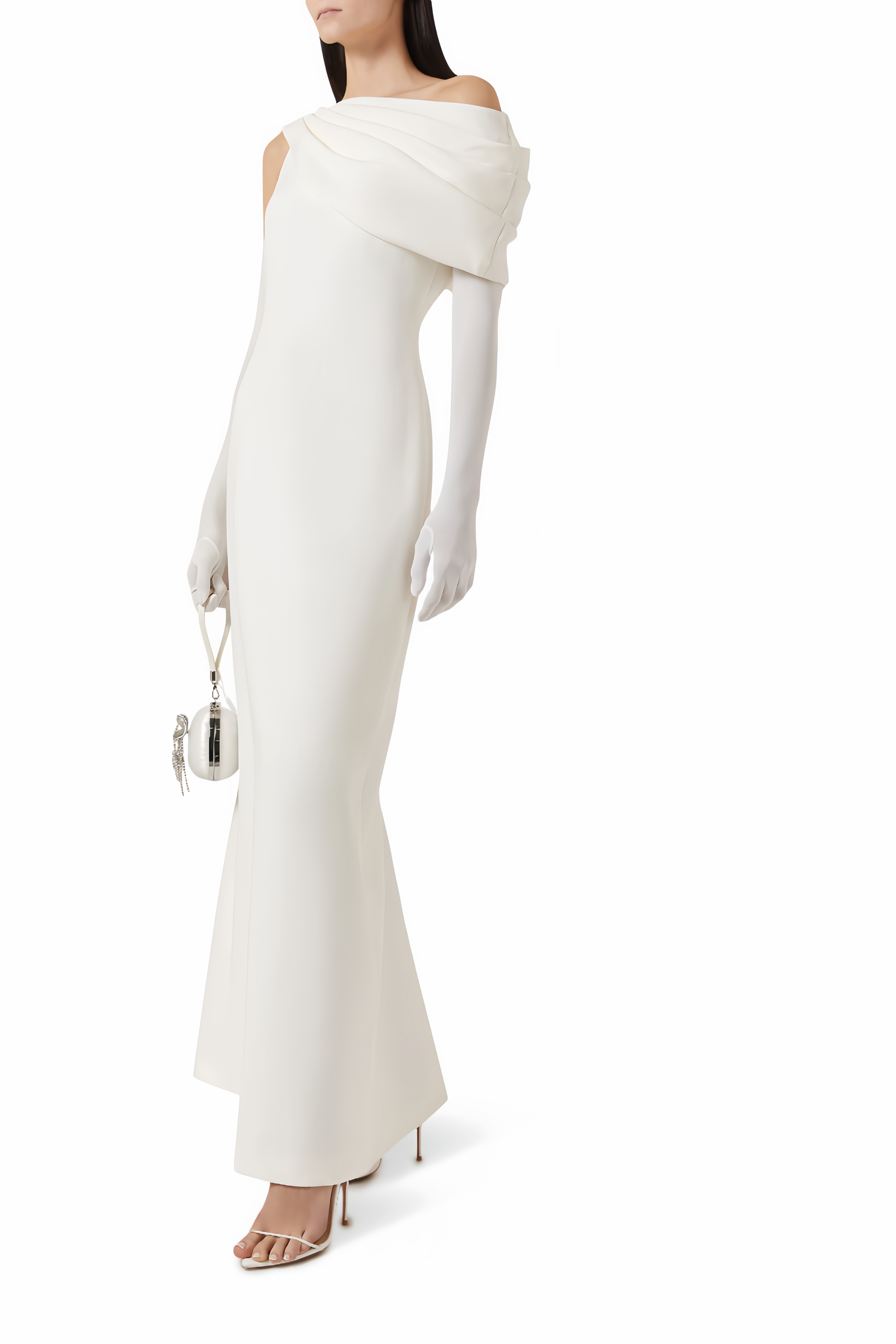 Annabelle White Cape-Design Ribbon Maxi Dress (Without Gloves)