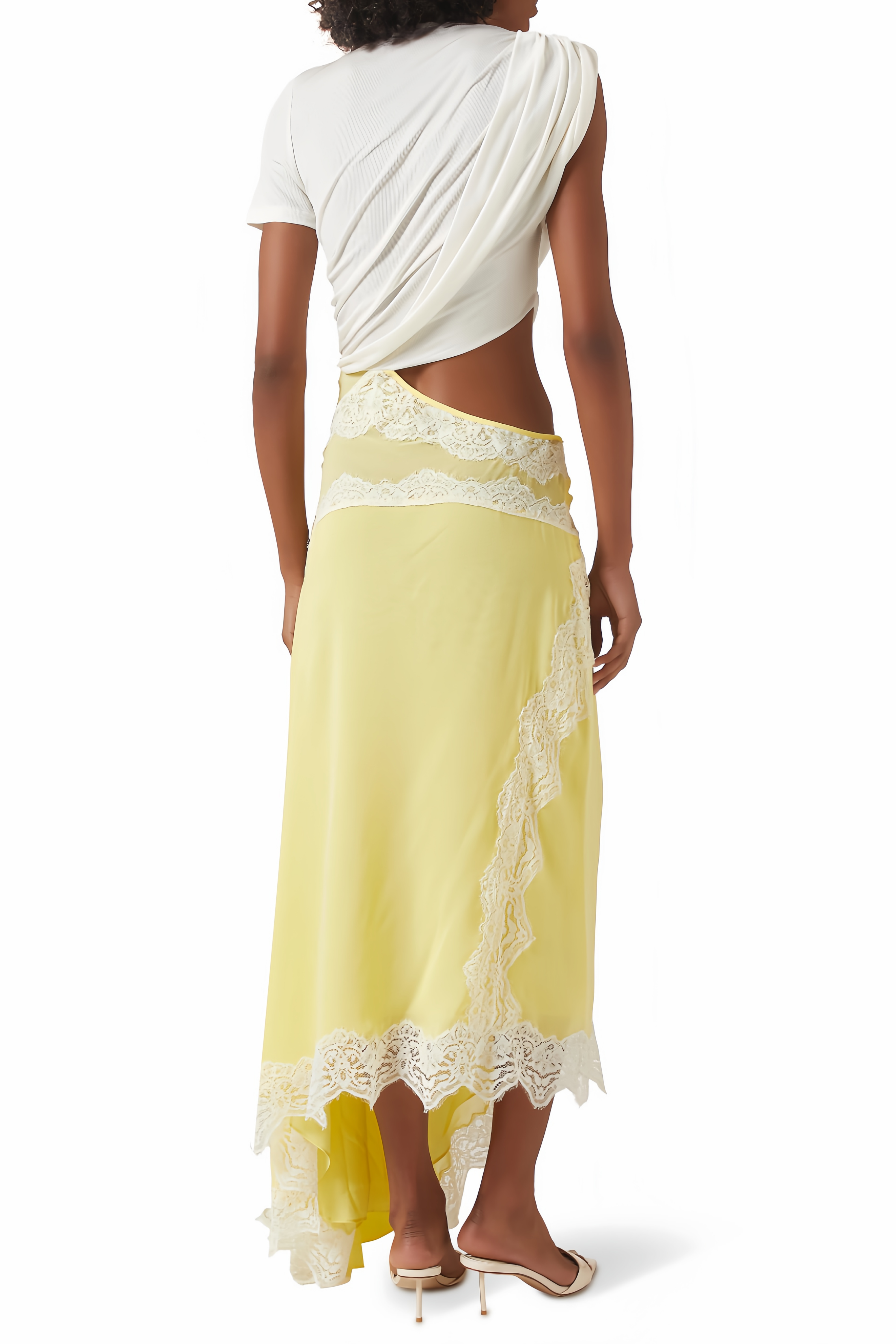 فستان تي شيرت ملتوي باللونين الأصفر والأبيض