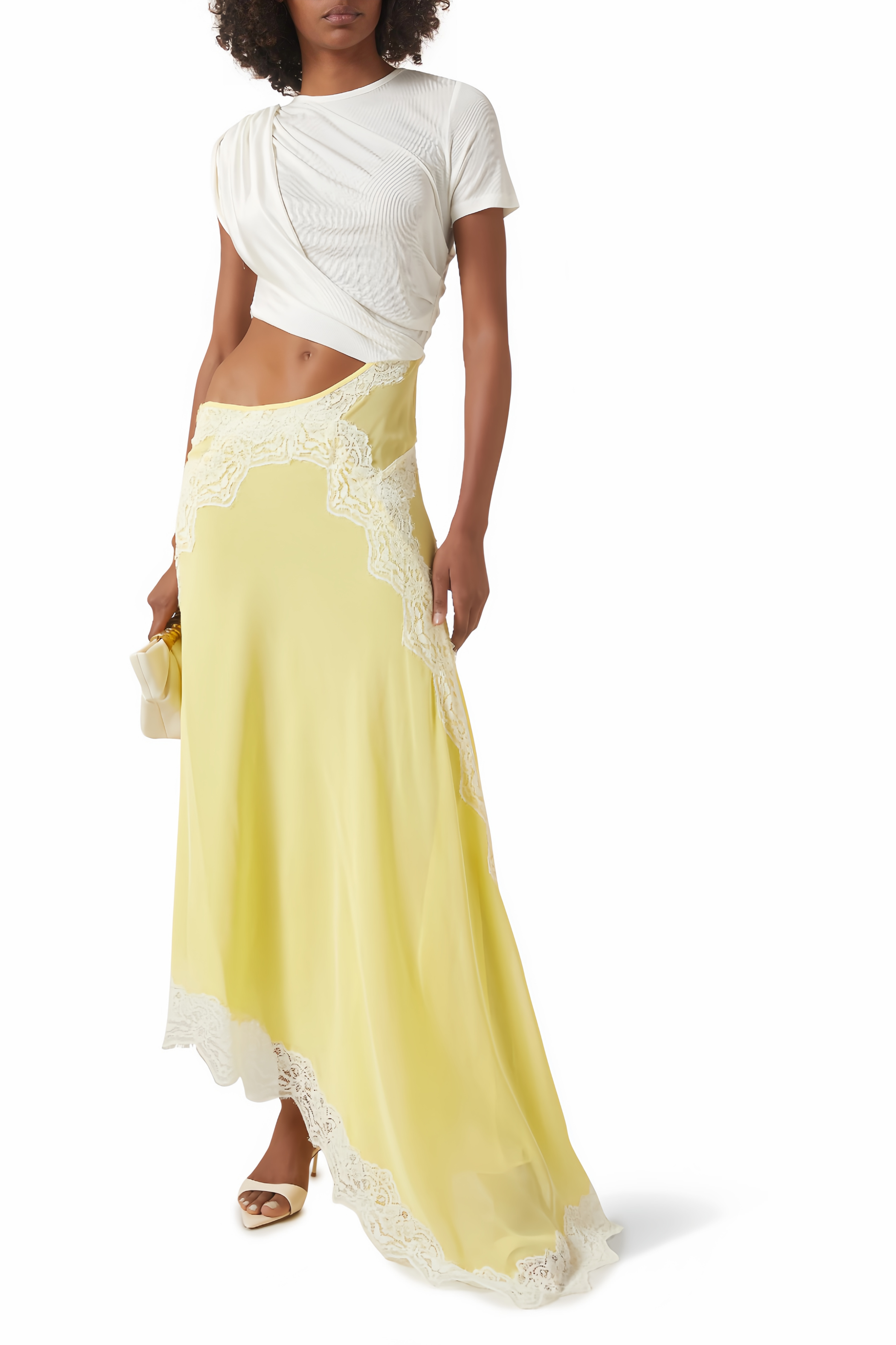 T-Shirt-Kleid mit gewundenem Schnitt in Gelb und Weiß