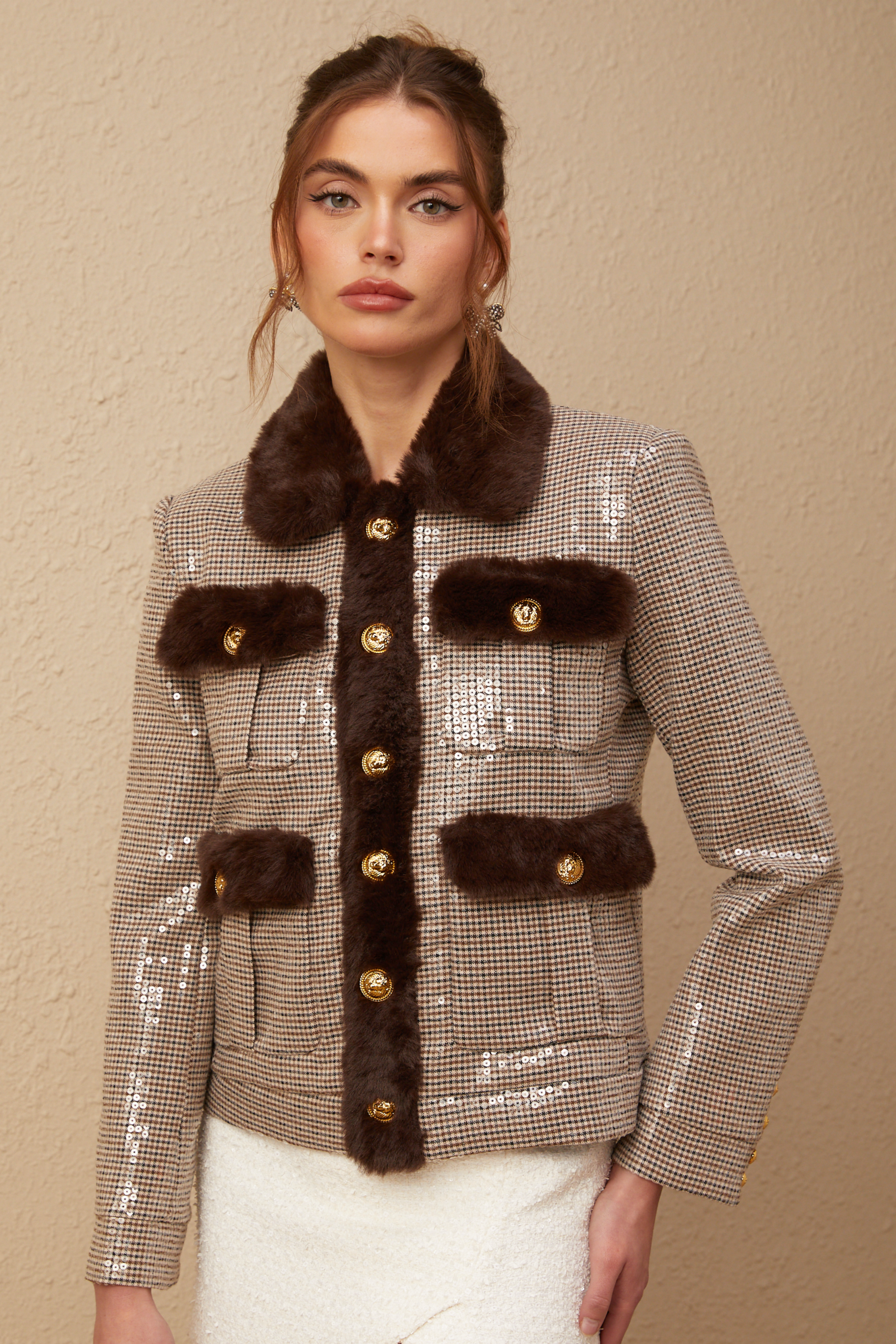 Renée houndstooth sequined faux-fur jacket