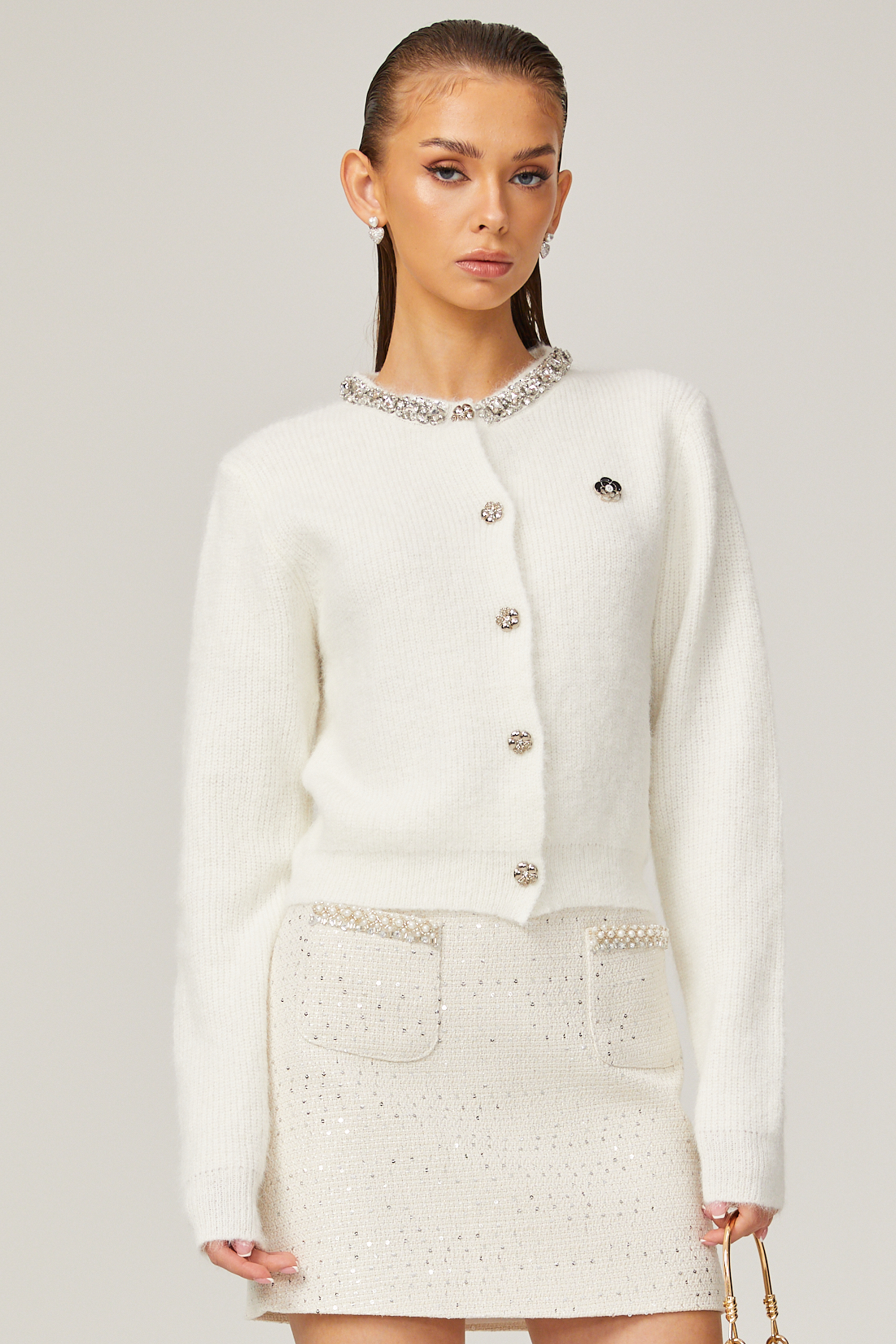 Désirée white embellished knitted cardigan