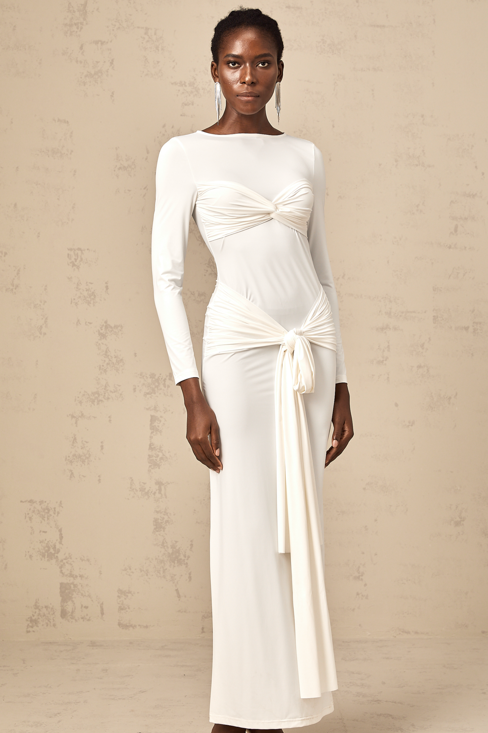 Elena white ribbon twist-detail ruched maxi dress