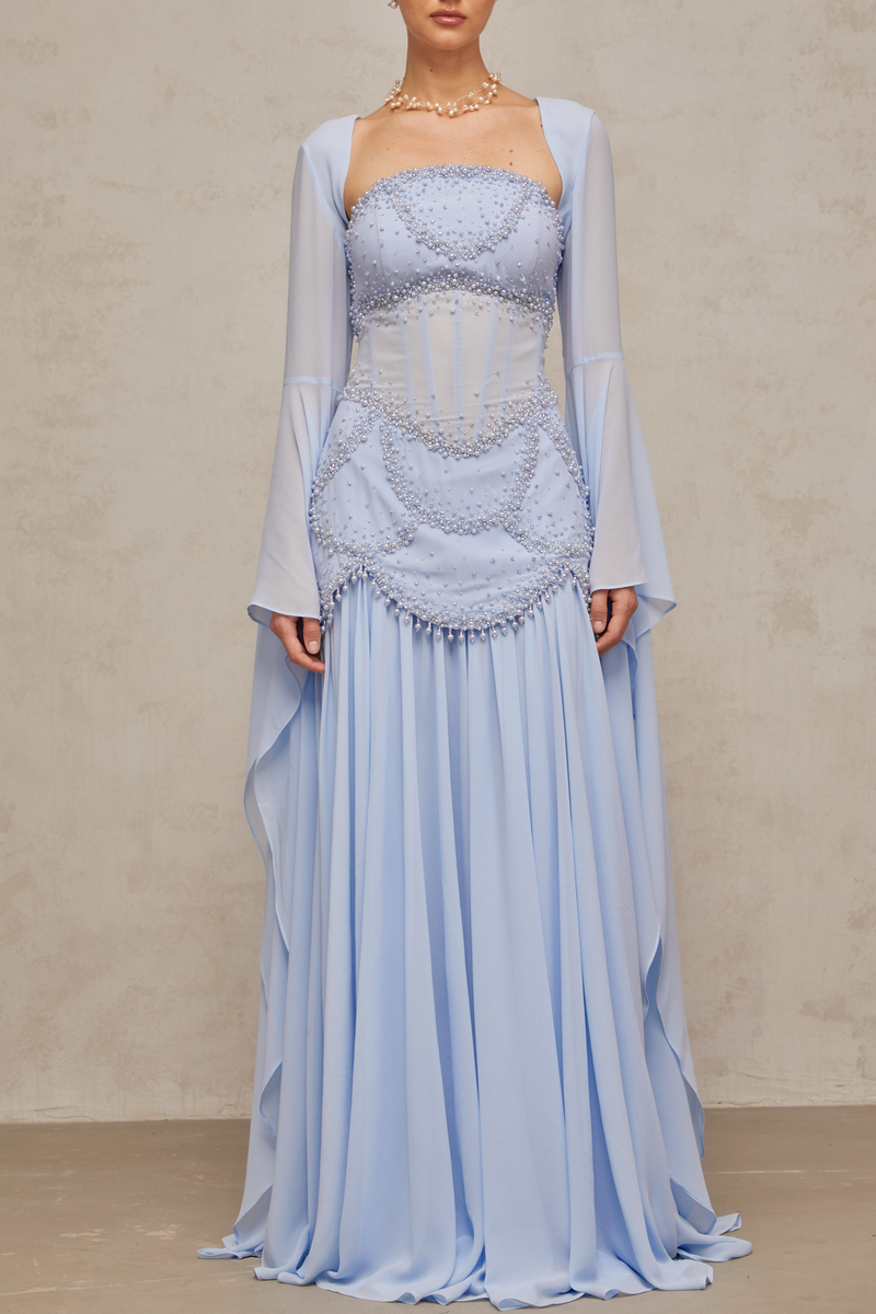 Faux Pearl Beaded Ruffle Hem Maxi Dress